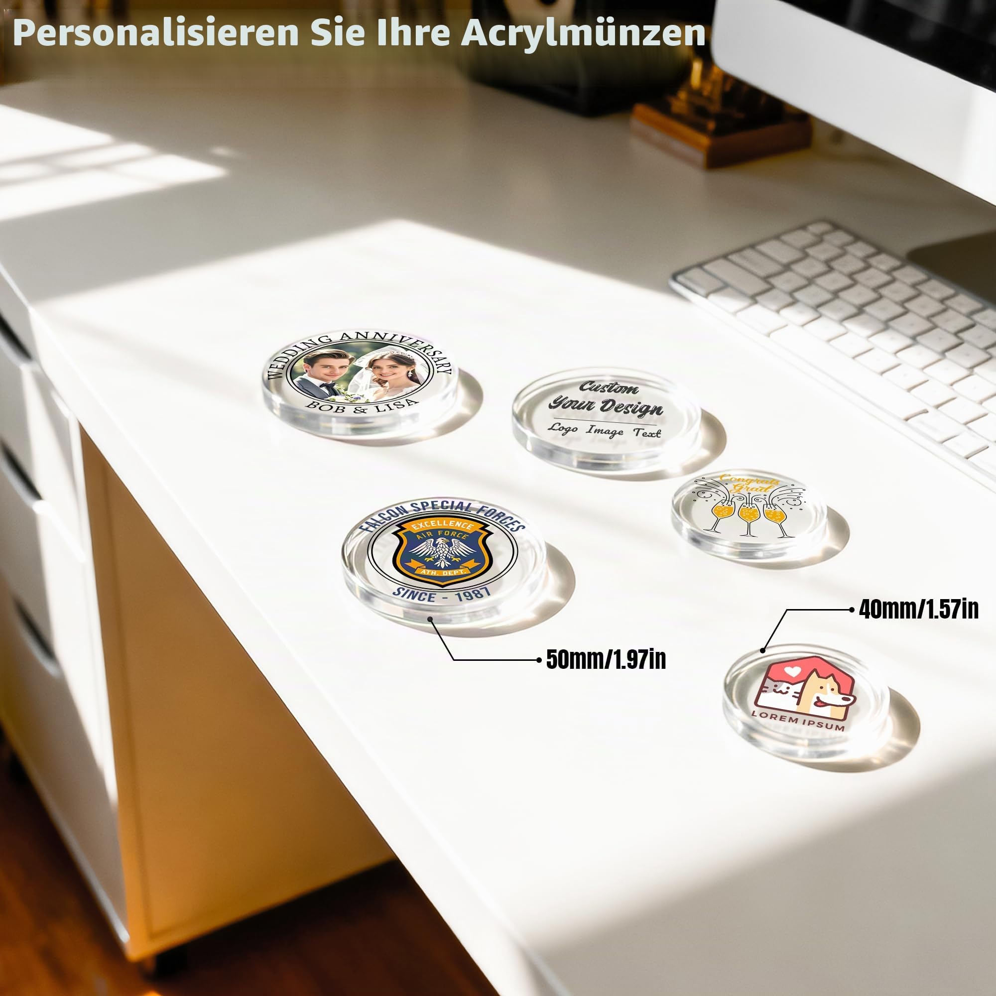 100 individuelle Acryl-Poker-Chips, personalisiert Ihr eigenes Logo, Bild und Text, doppelseitiger Vollfarbdruck, individuelle Getränke-Chips für Bar, Party, Visitenkarten und Werbeaktionen