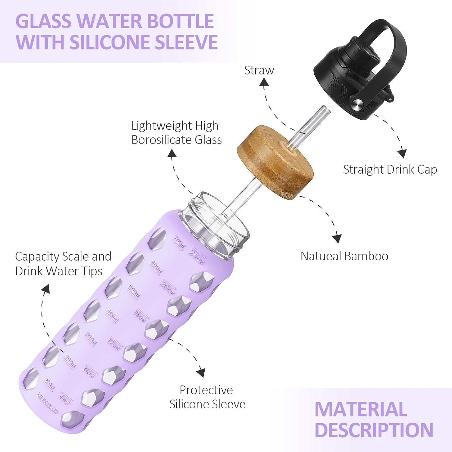 MUKOKO 24oz Glass Water Bottle with 2 Lids-Handle Flip Lid&Bamboo Straw Lid,Motivational Water Tumbler with Time Marker Reminder and Silicone Sleeve, Leakproof-Purple - Image 4