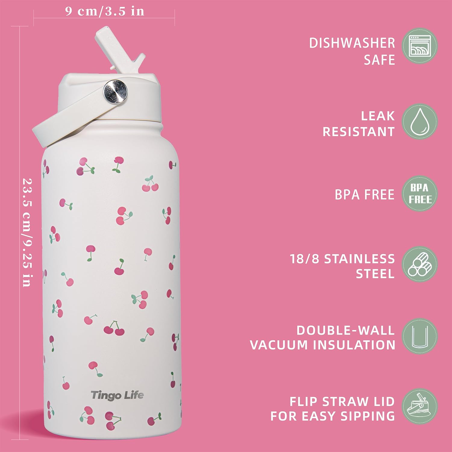 32oz Stainless Steel Insulated Water Bottle with Handle and Straw Lid - Cute Cherry Pattern Cream White Vacuum Water Bottle, Leakproof, Gifts for Women Girls, for Gym, Sports, Travel - Image 2