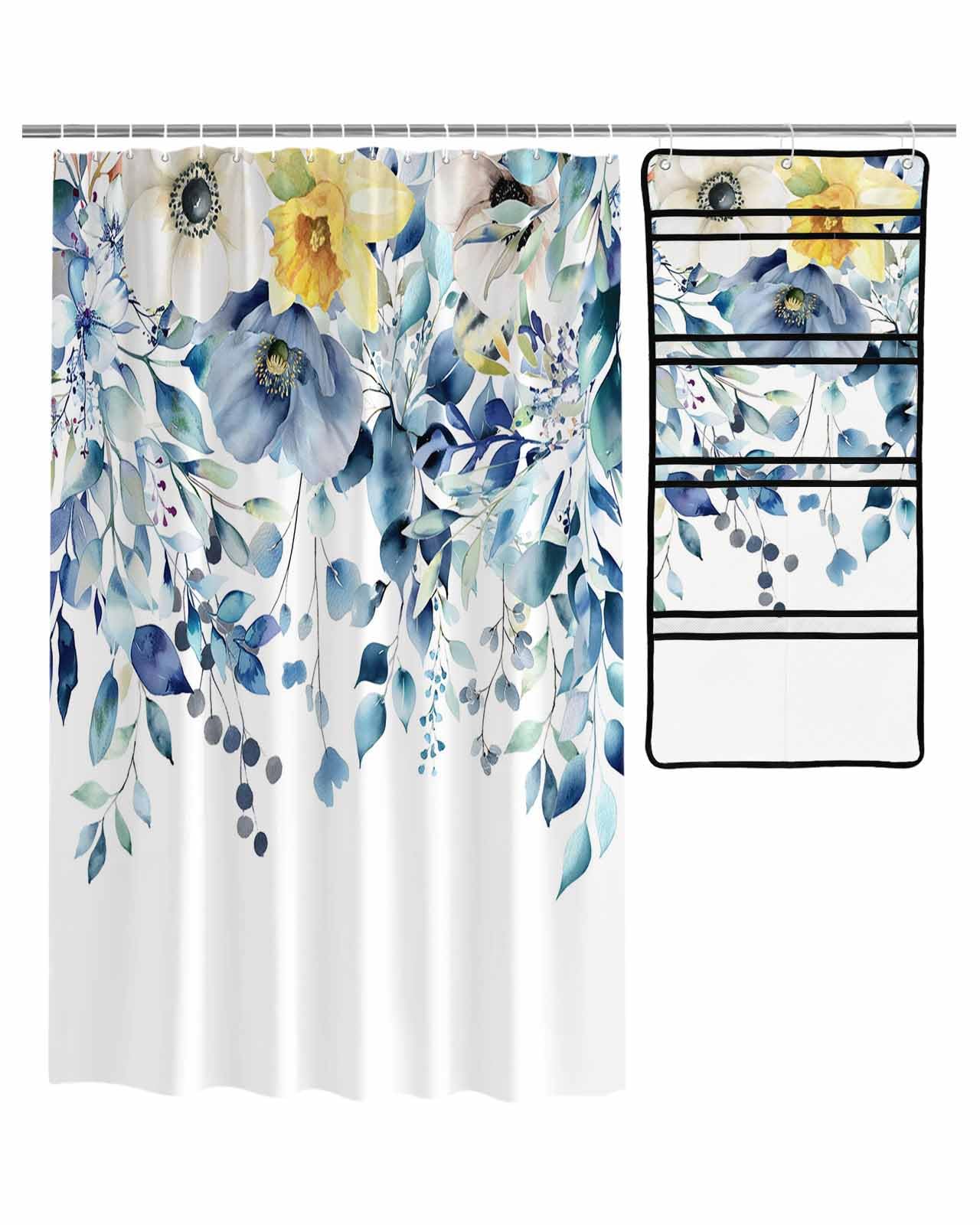 Decorative Shower Curtain Sets Eucalyptus Leaves Blue Polyester Fabric Waterproof Bath Shower Curtains Farmhouse Leaf Floral White Mesh