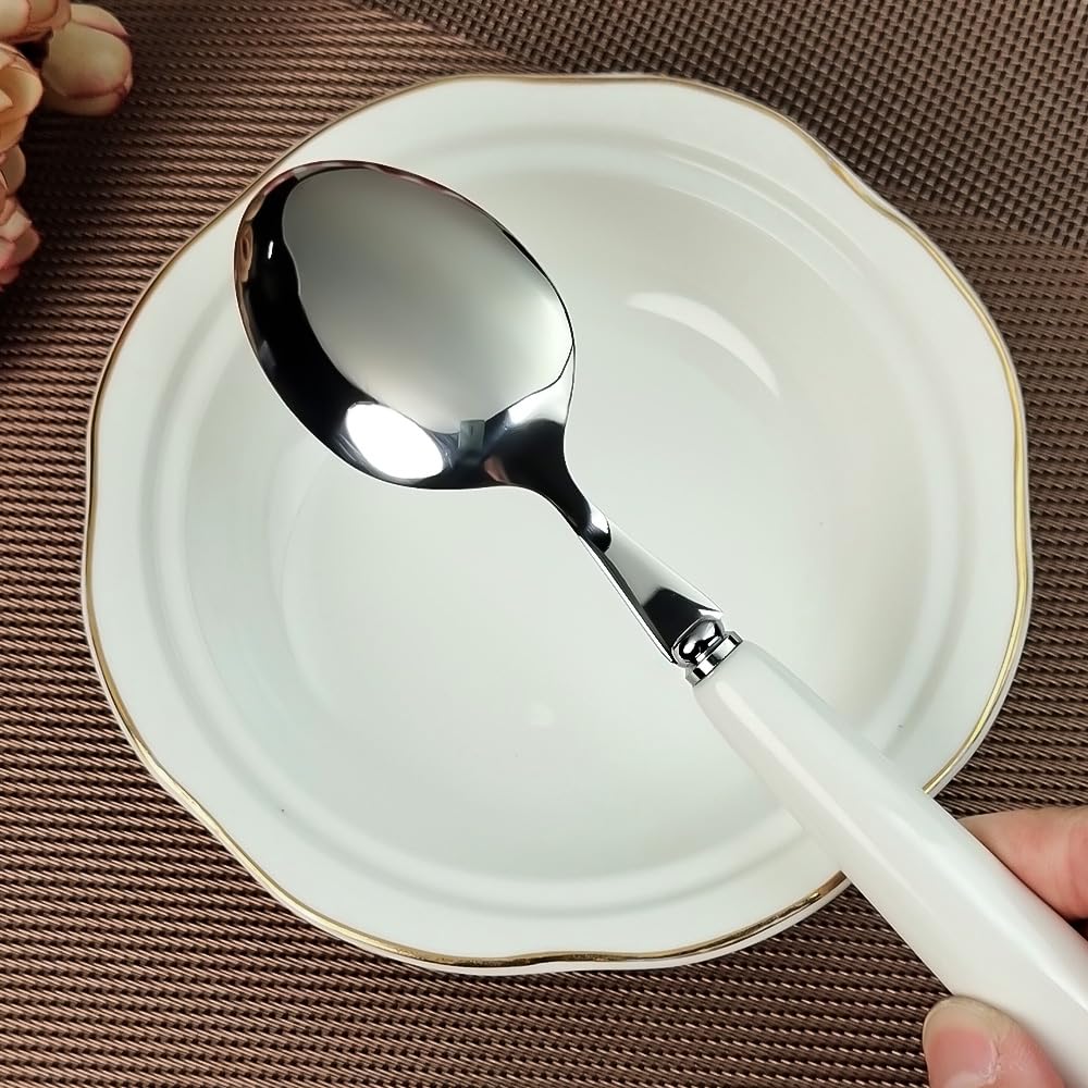 Cucchiaio da tavola fine da 20 cm con bordo rotondo di qualità, in acciaio inox 18-10, manico in ceramica bianca, cucchiai da minestra, posate per lucidatura a specchio, cucchiaio principale