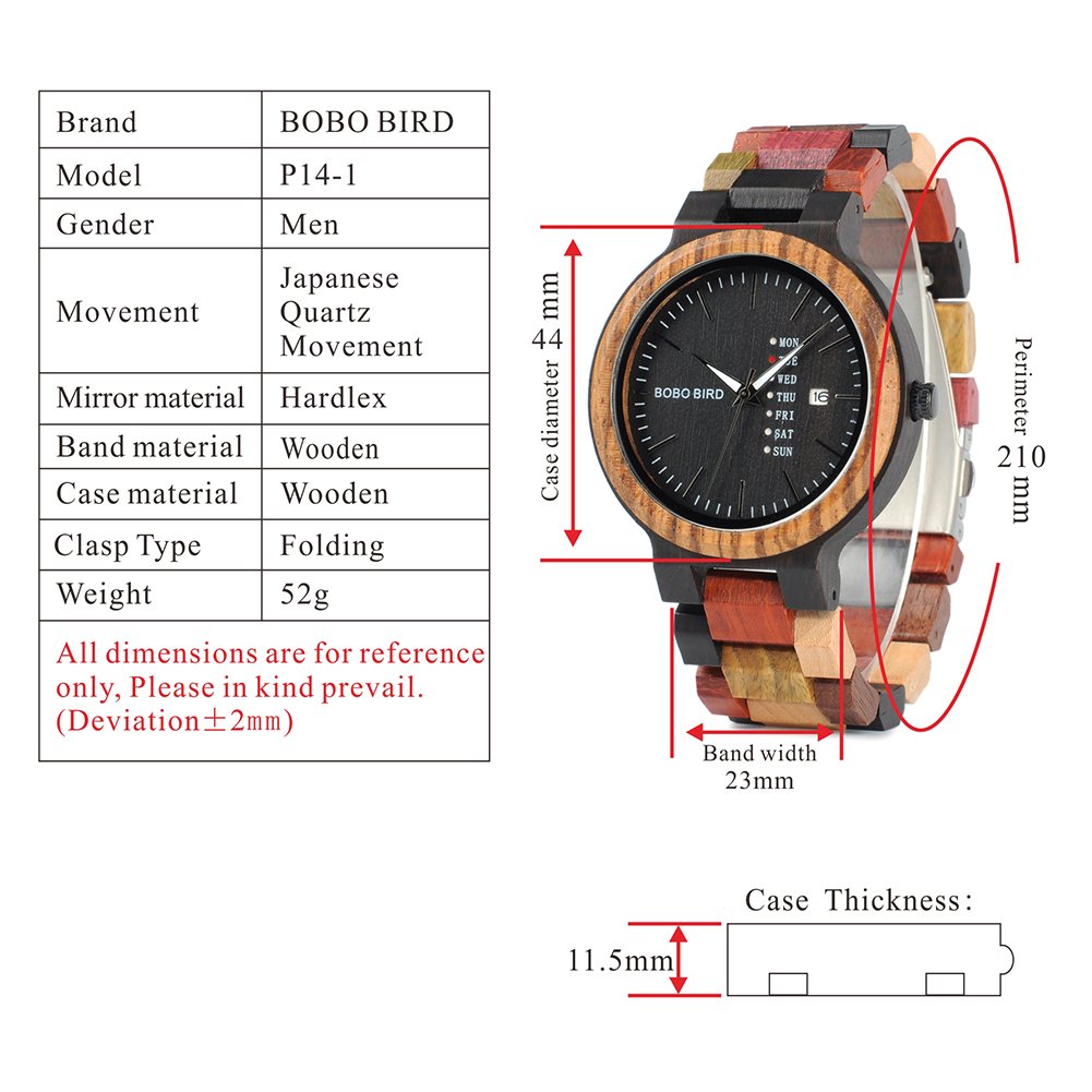 Bobo Bird - Reloj de Pulsera analógico de Cuarzo con Fecha y Fecha, Hecho a Mano, para Hombre, de Madera, con Caja de Regalo (tamaño Grande para Hombres)
