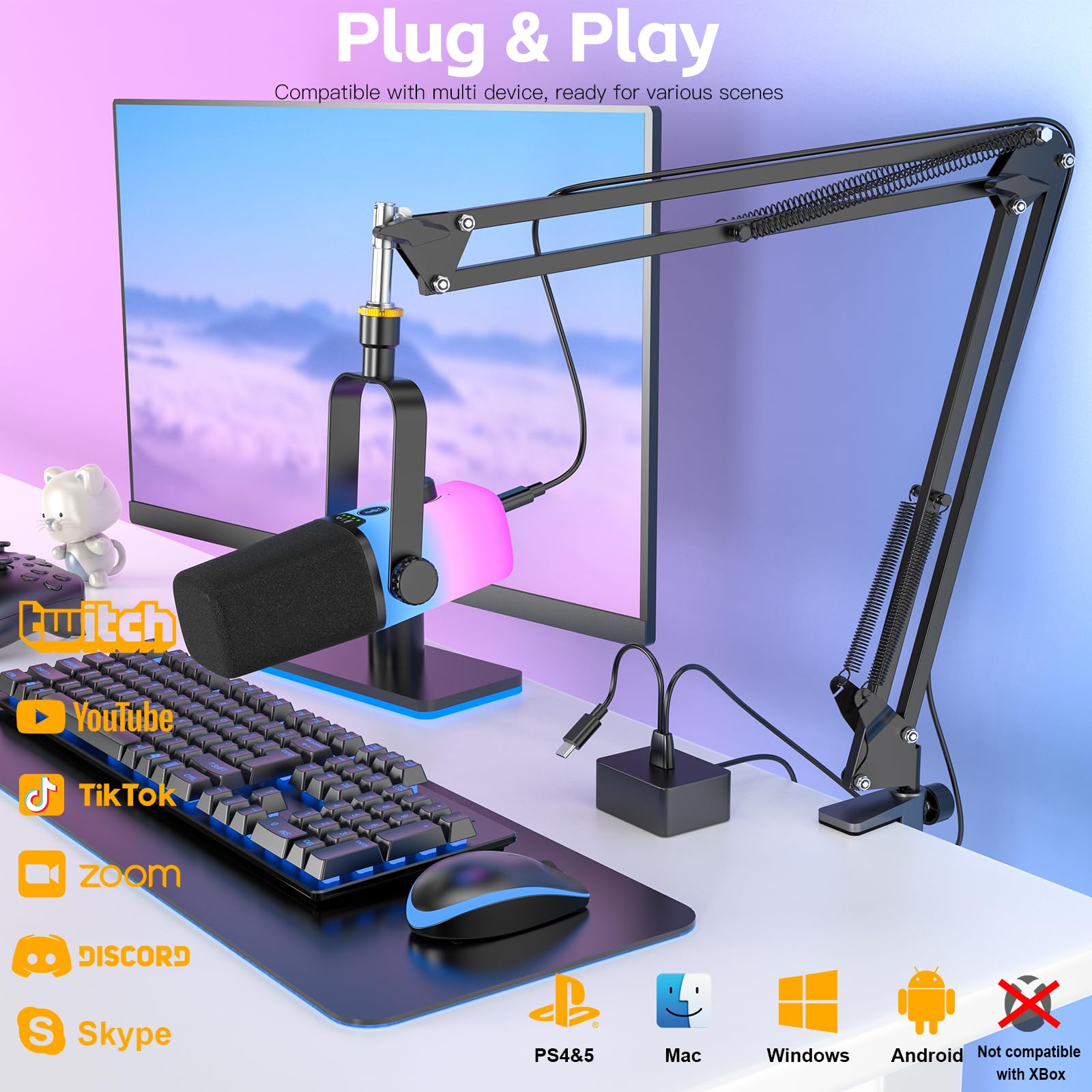 zealsound Micrófono USB Gaming, micrófono PC, micrófono de Condensador para Streaming podcasts grabación ASMR, micrófono con cancelación de Ruido, silenciador, Brazo microfono, *Phone, Windows MacOS