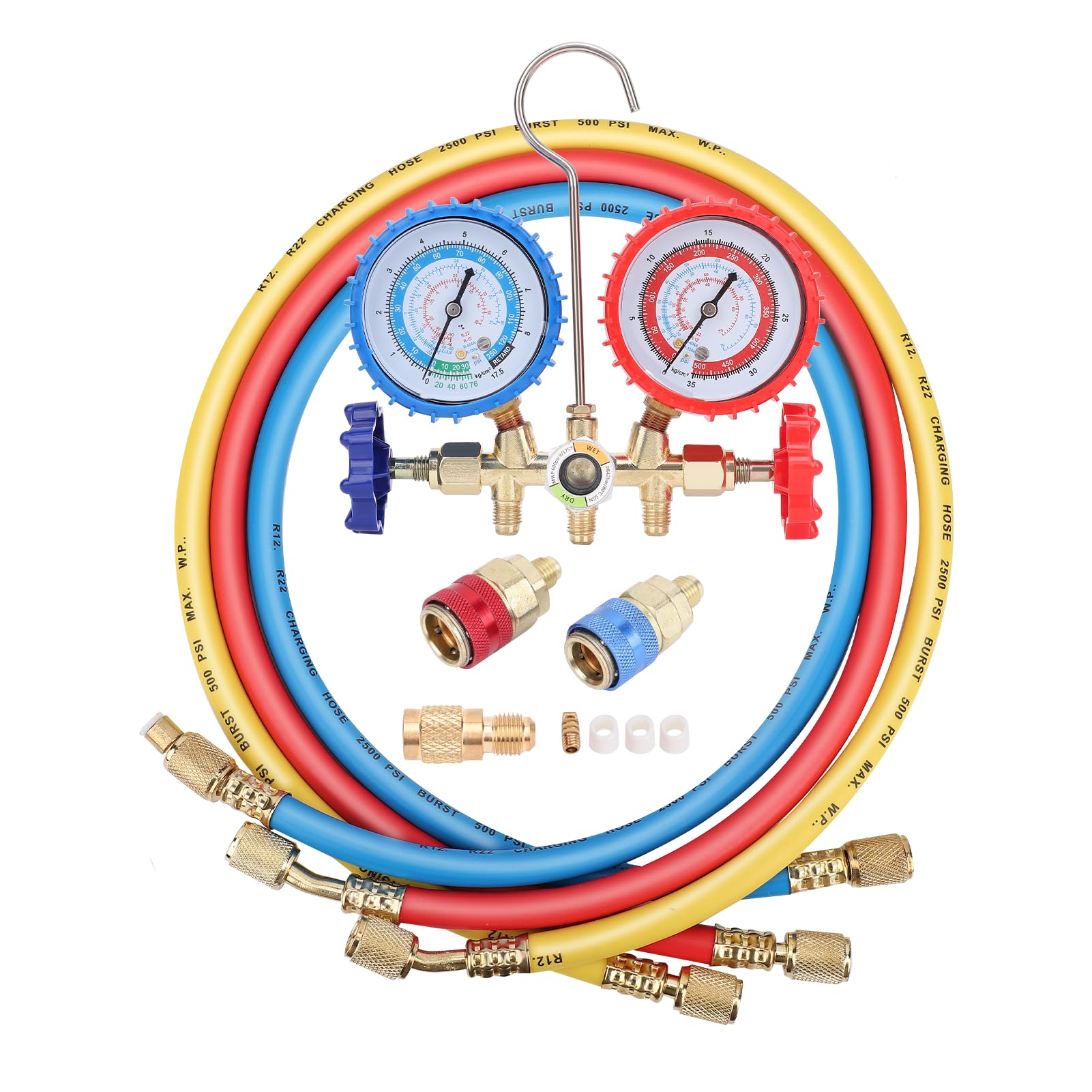 Photo 1 of [UNTESTED] WODHMIEY PBS 3-Way AC Manifold Gauges Set,AC Meter Set for R22 R134A R410 Refrigerants,Quick Couplers, 410A Adapter, Puncturing Can Tap,Valve Core Tool for AC (536B and