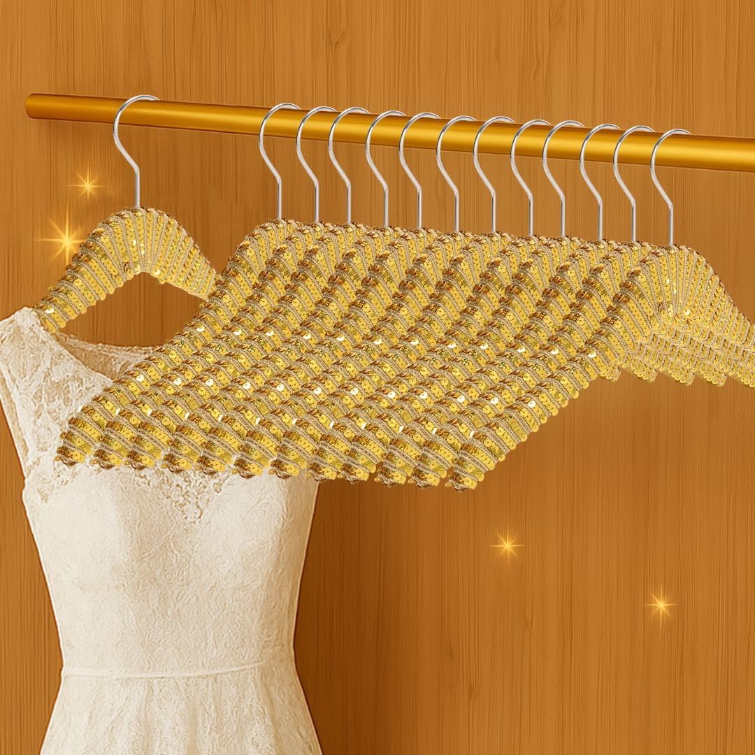 Luxury Sequin Wooden Hangers – Decorative Non Slip Natural Wood Clothes Hangers for Wedding Dress, Bridal Party, Bridesmaid Gifts, Custom Glitter Coat & Suit Hangers, Elegant Coquette Style (Gold)