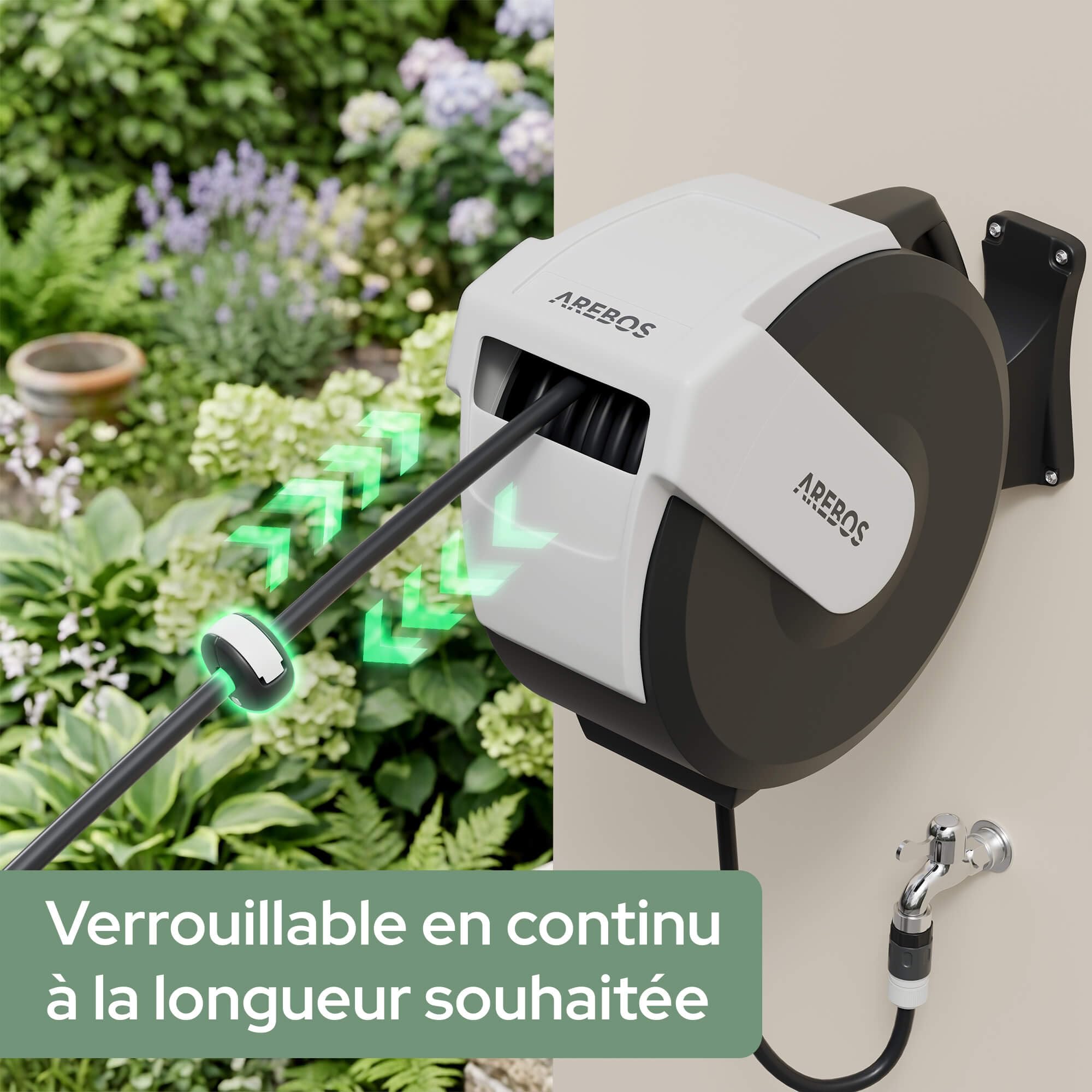 Arebos Enrouleur de Tuyau 25 m Automatique | Dévidoir Mural avec Tuyau Multicouche | Pivotant à 180° | Système de Blocage | 7 Modes d'Arrosage