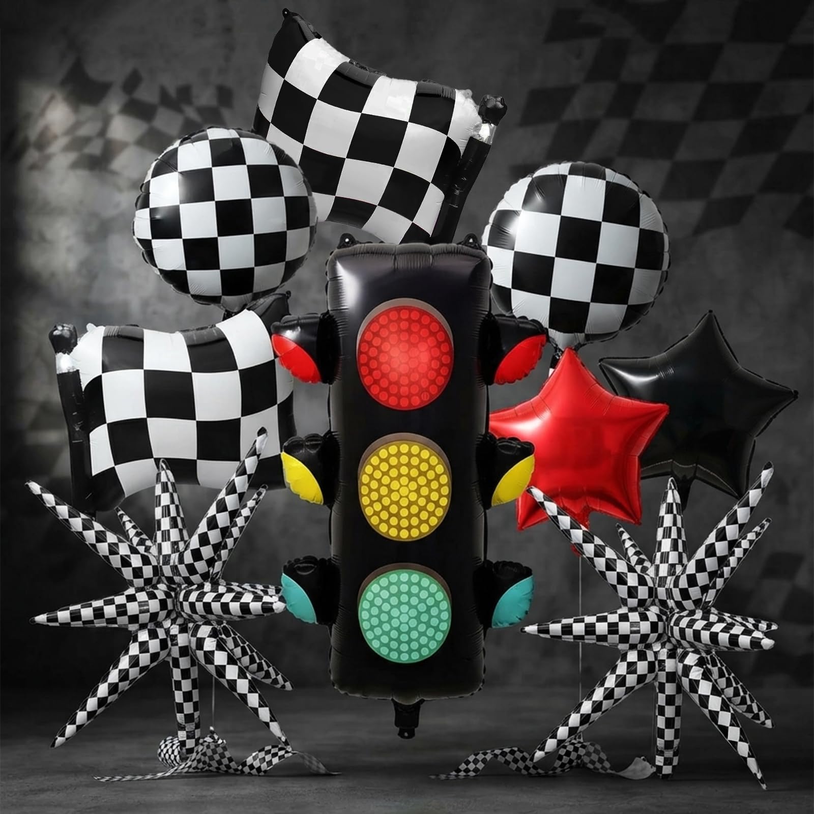 9Pcs Black White Red Yellow Green Traffic Light & Racing Balloons for Party — image 1