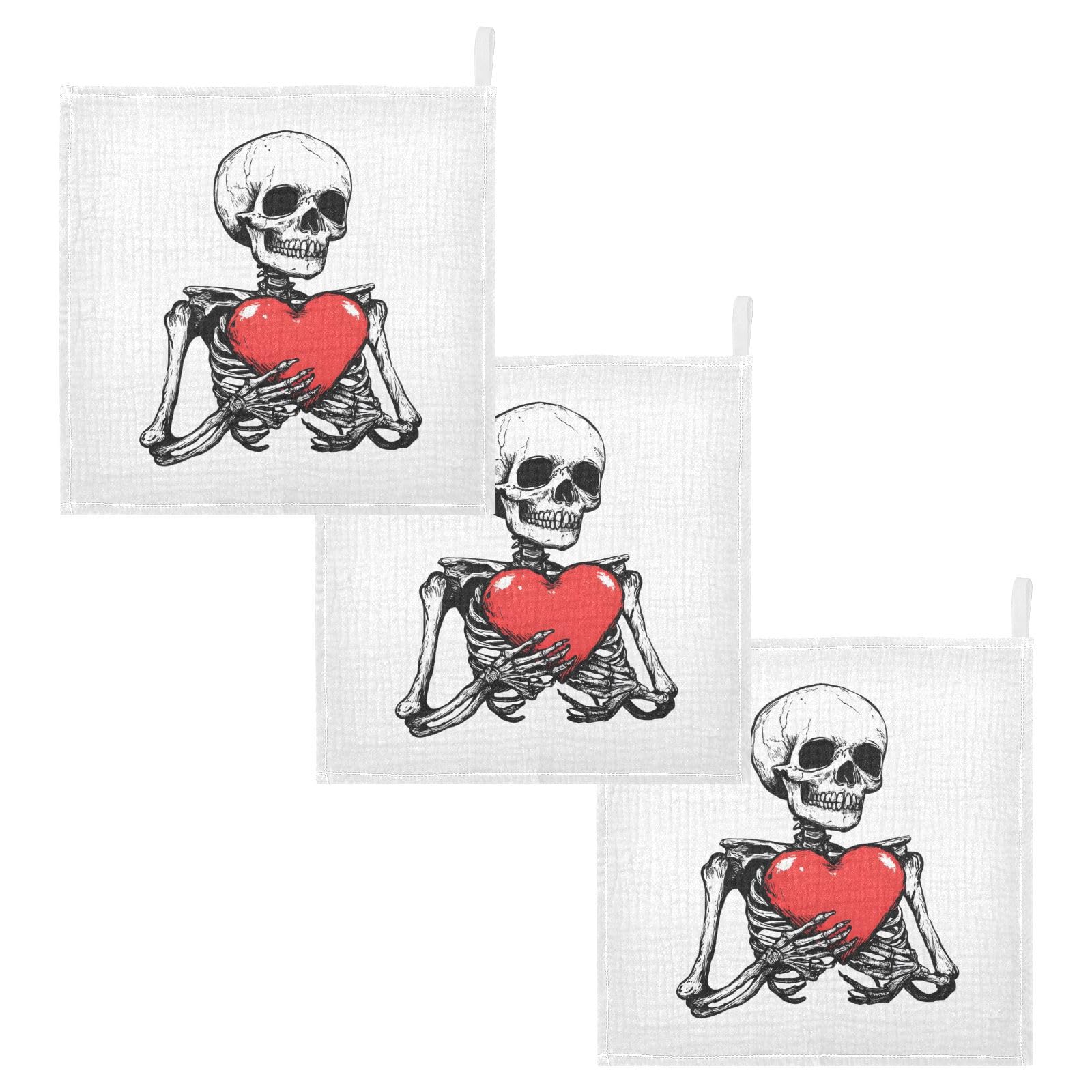 Nander Red Heart Skull Baby Muslin Washcloths 3PCS- Soft Face Cloths for Newborn Absorbent Bath Wash Cloths Wipes