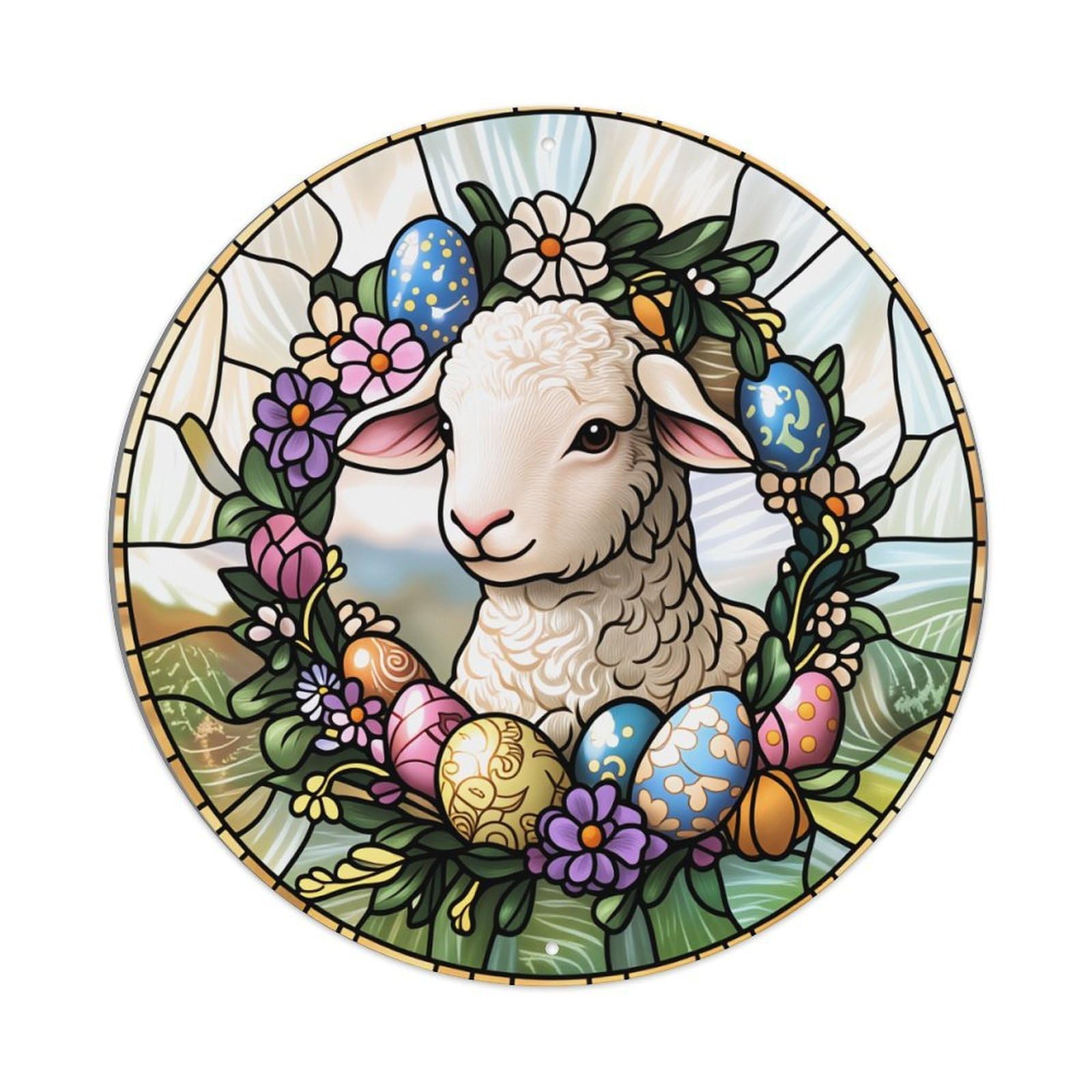 Stained Glass Lamb Easter Eggs Flowers Round Tin Sign Vintage Metal Poster Retro Bar, Home, Man Cave, Kitchen, Laundry Room Wall Art Decor Gift 8x8Inch
