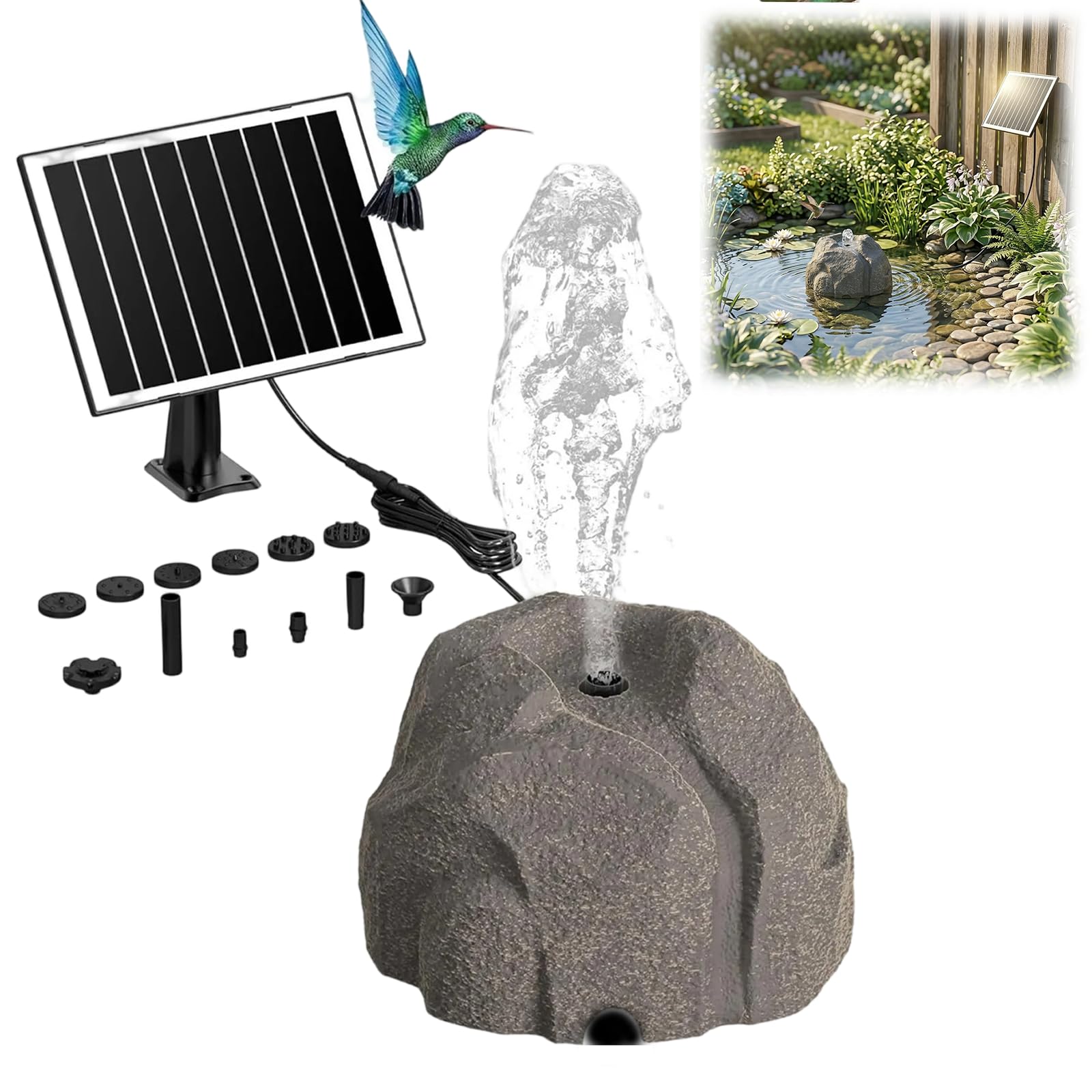 Realistic Granite Rock Solar Fountain, Resin Birdbath Water Pumps，Grey