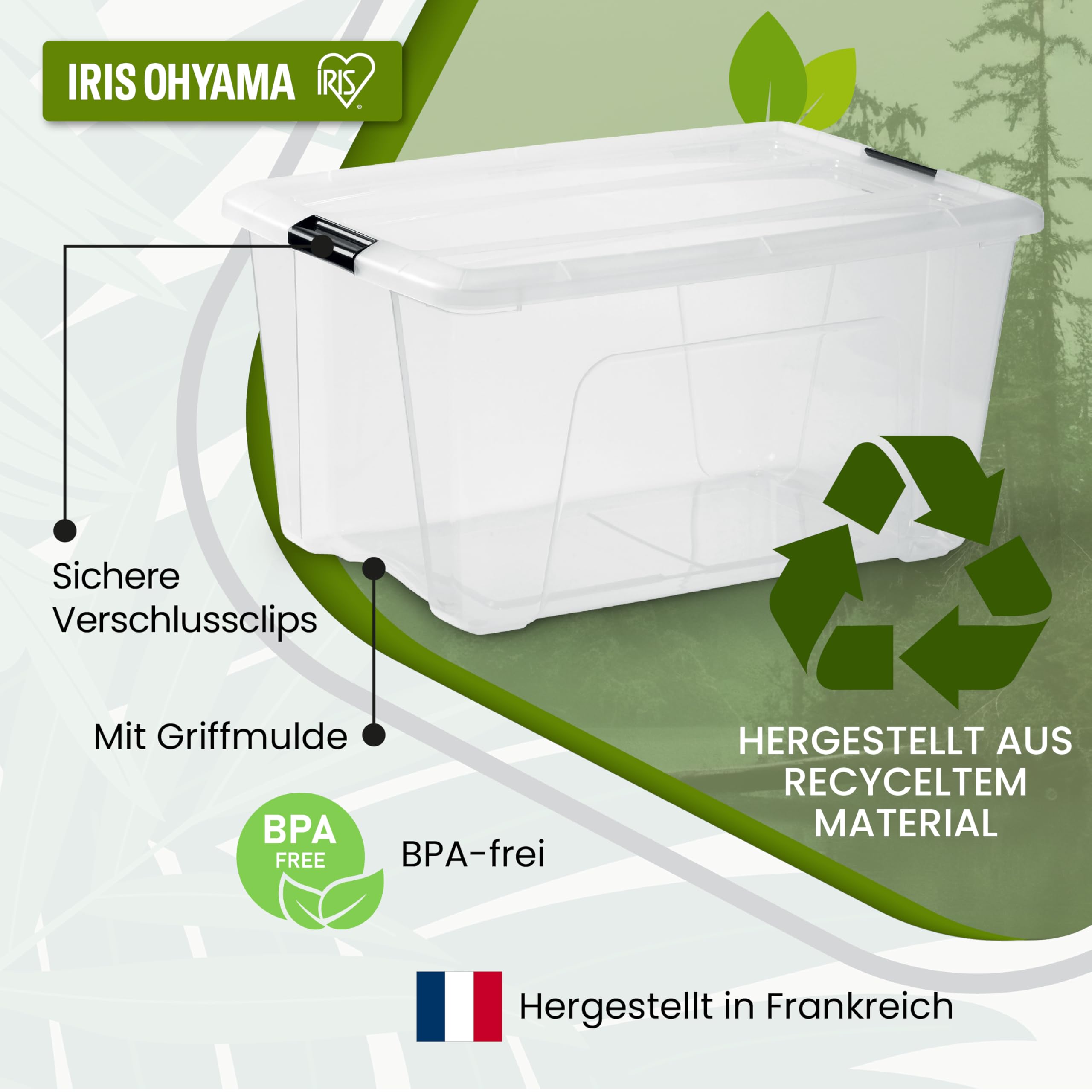Iris Ohyama, Kunststoff-Aufbewahrungsbox mit Deckel, 45L, 3er-Set, Transparent, 98% recycelter Kunststoff, Verschlussclips, Griff, Stapelbar, Fürs Schlafzimmer, Ankleidezimmer, Büro, BPA-frei, BSB-45