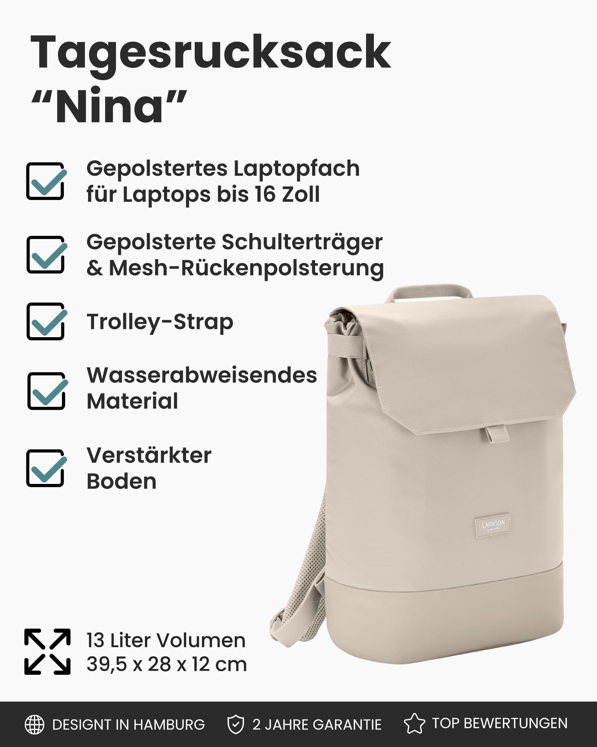 LARKSON Rucksack Damen Beige - 16 Zoll Laptopfach - Wasserabweisend