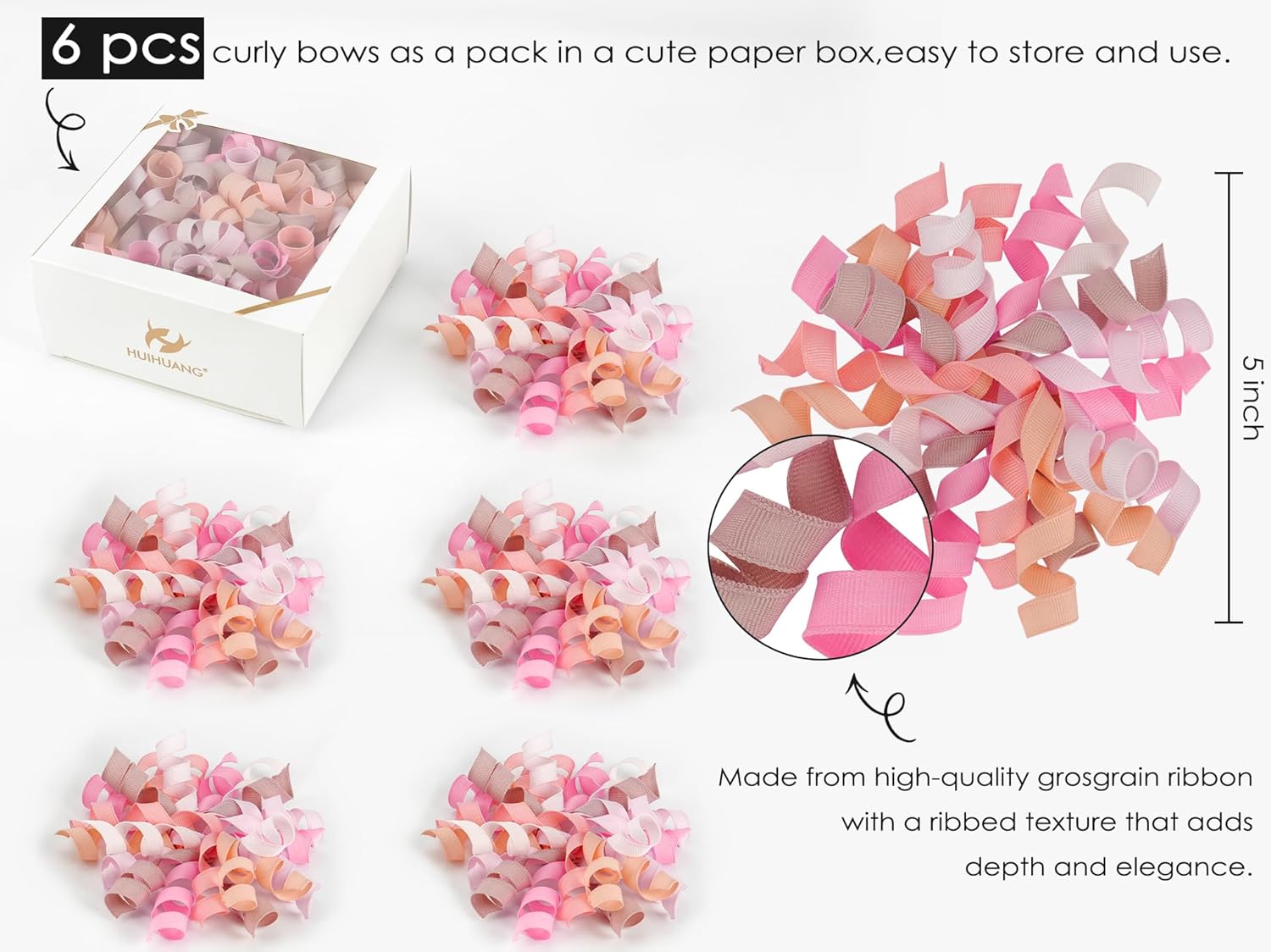 HUIHUANG Dusty Pink & Rose Bows for Gift Wrapping, Self-Adhesive Curly Ribbons for Presents, Wine Bottles, Treat Bags, Birthday & Wedding Favors - 6 Counts - Image 2