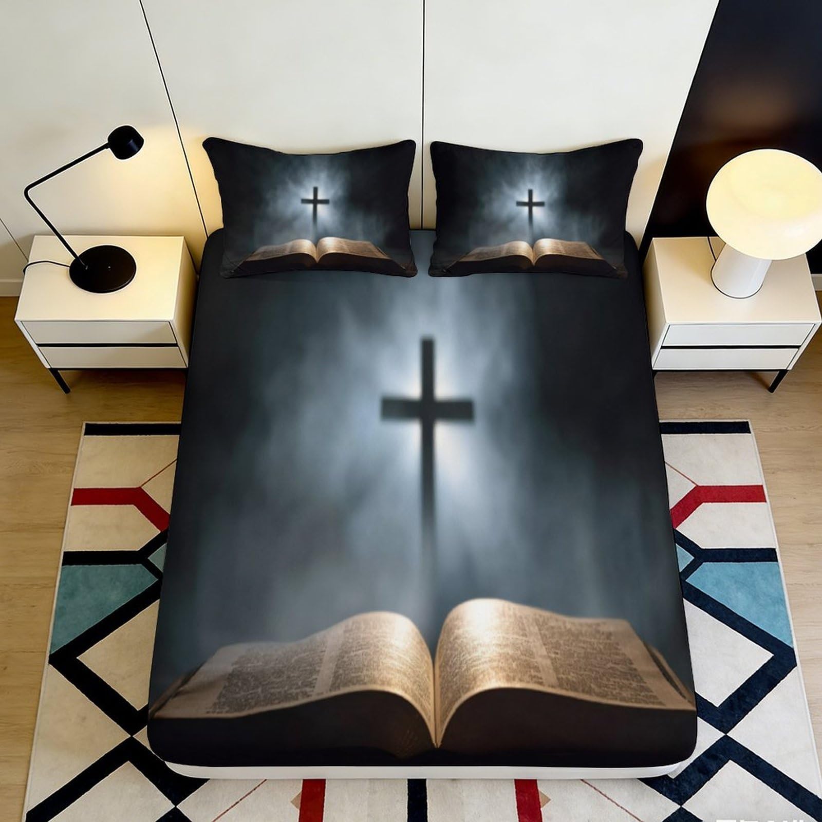 3D Printed Christian Cross Fitted Sheet Microfiber Soft Breathable Bible Bed Cover for Bedroom Dormitory Guest Room Mattress Protection Decor 160x200x25cm