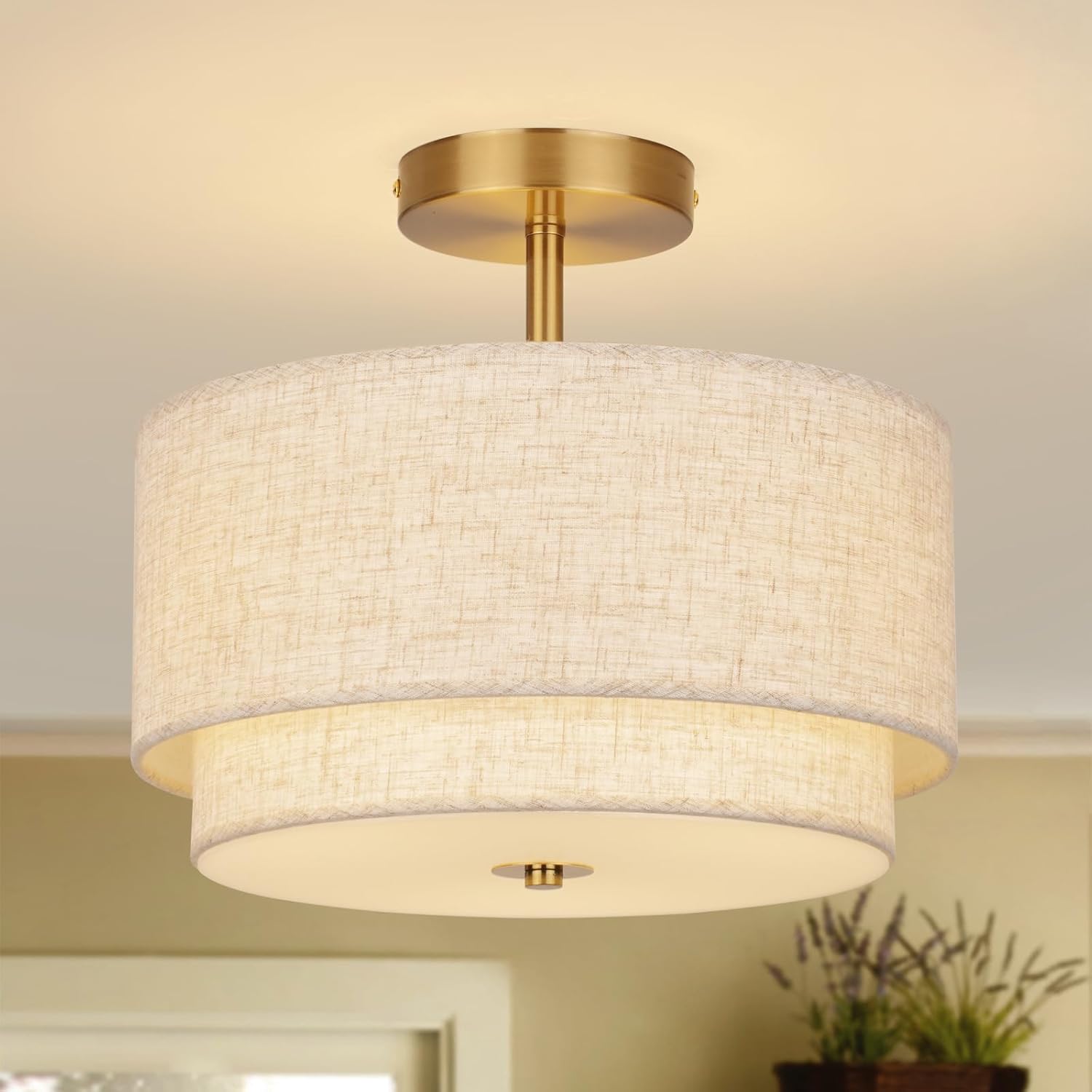 Semi Flush Mount Ceiling Light Fixture,12.6'' Gold Light Fixtures Ceiling Mount, Modern Close to Ceiling Light with 2-Layer Linen Shade,Farmhouse Drum Ceiling Light for Bedroom Hallway Living Room