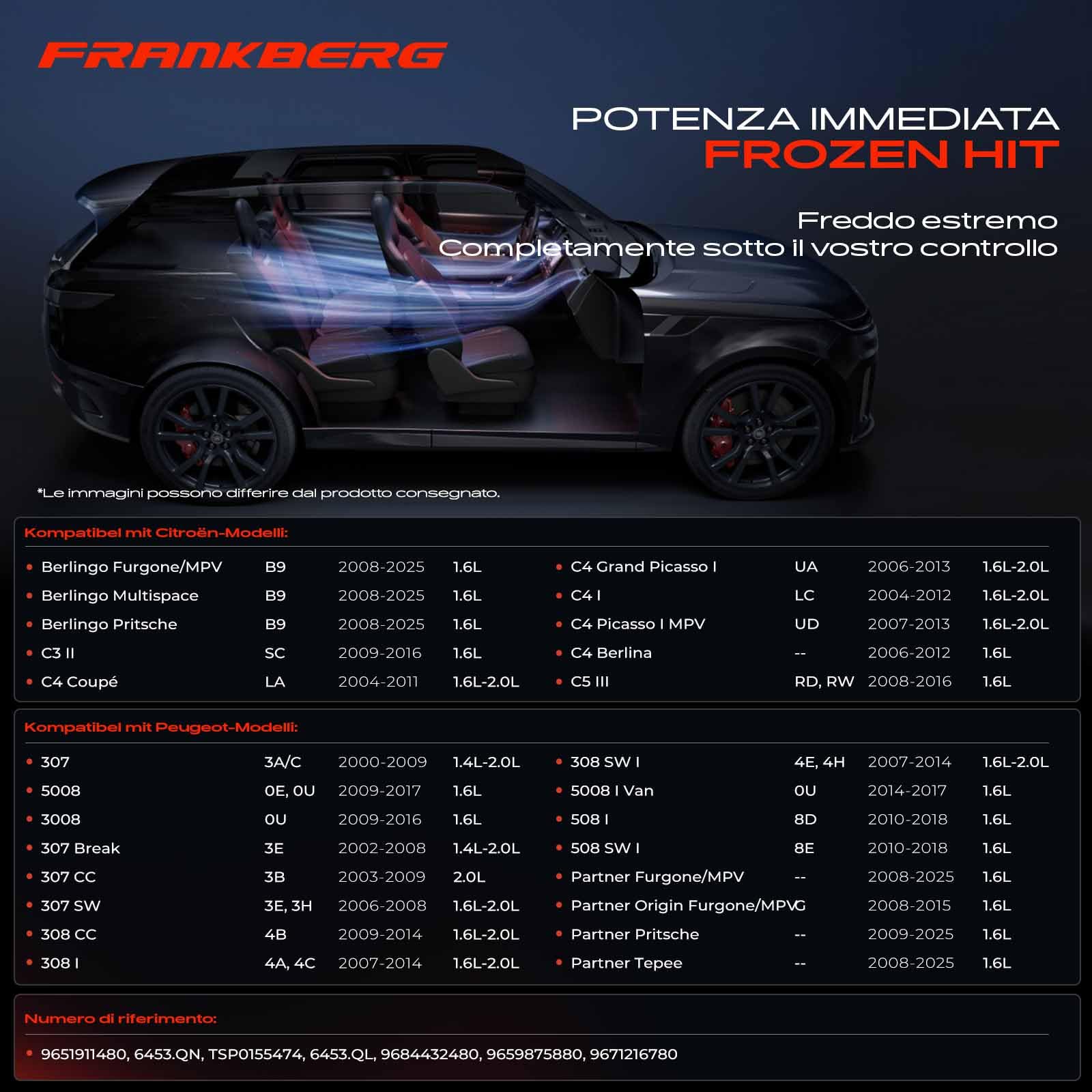 Frankberg Compressore aria condizionata con frizione Benzina Compatibile con C3 II SC Berlingo B9 3008 0U 307 308 9651911480, compreso l'olio preconfezionato