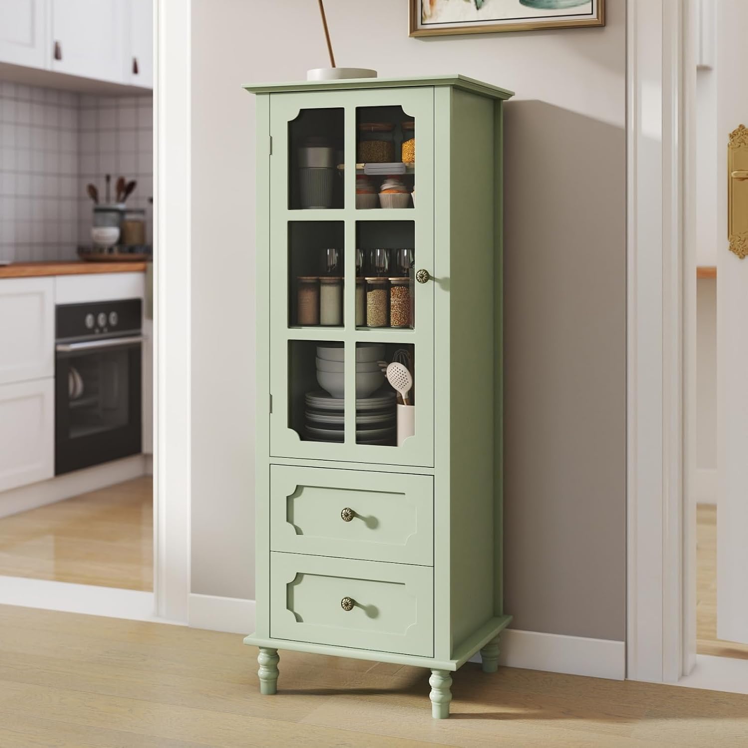 Minimalism Buffet Cabinet with Glass Doors and Double Drawer, Modern Wooden Storage Sideboard Cupboard for Living Room, Dining Room Hallway Entryway (Mint Green)