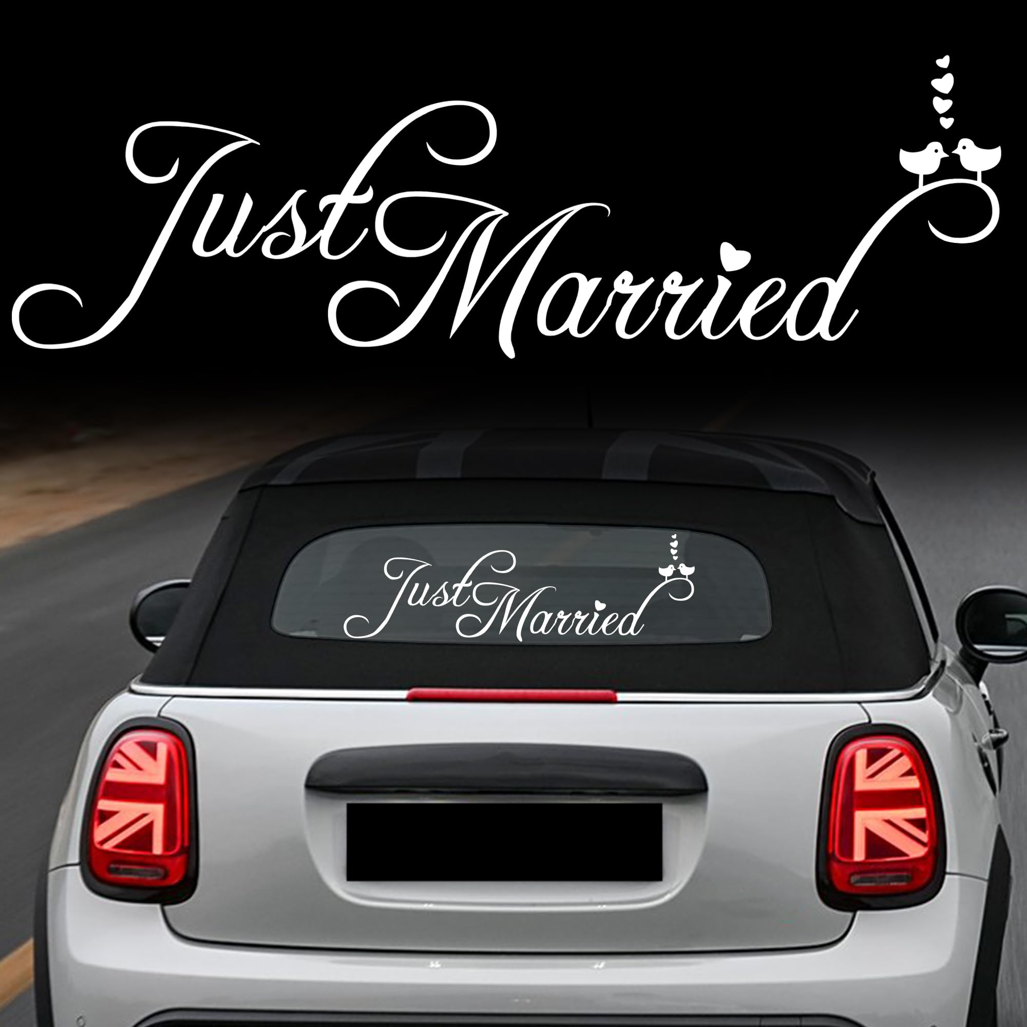 TOMALL Just Married Wedding Vinyl Decal for Car Window Hood Trunk Body Side Wall Waterproof Self-Adhesive DIY Decoration Sticker Happiness for Honeymoon Wedding (White)