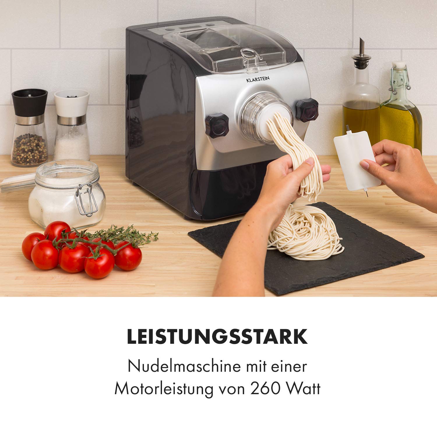 Klarstein Pastamania Elektrische Nudelmaschine 260W Automatische Pastamaschine 7 Aufsätze 500g Kapazität LED-Display