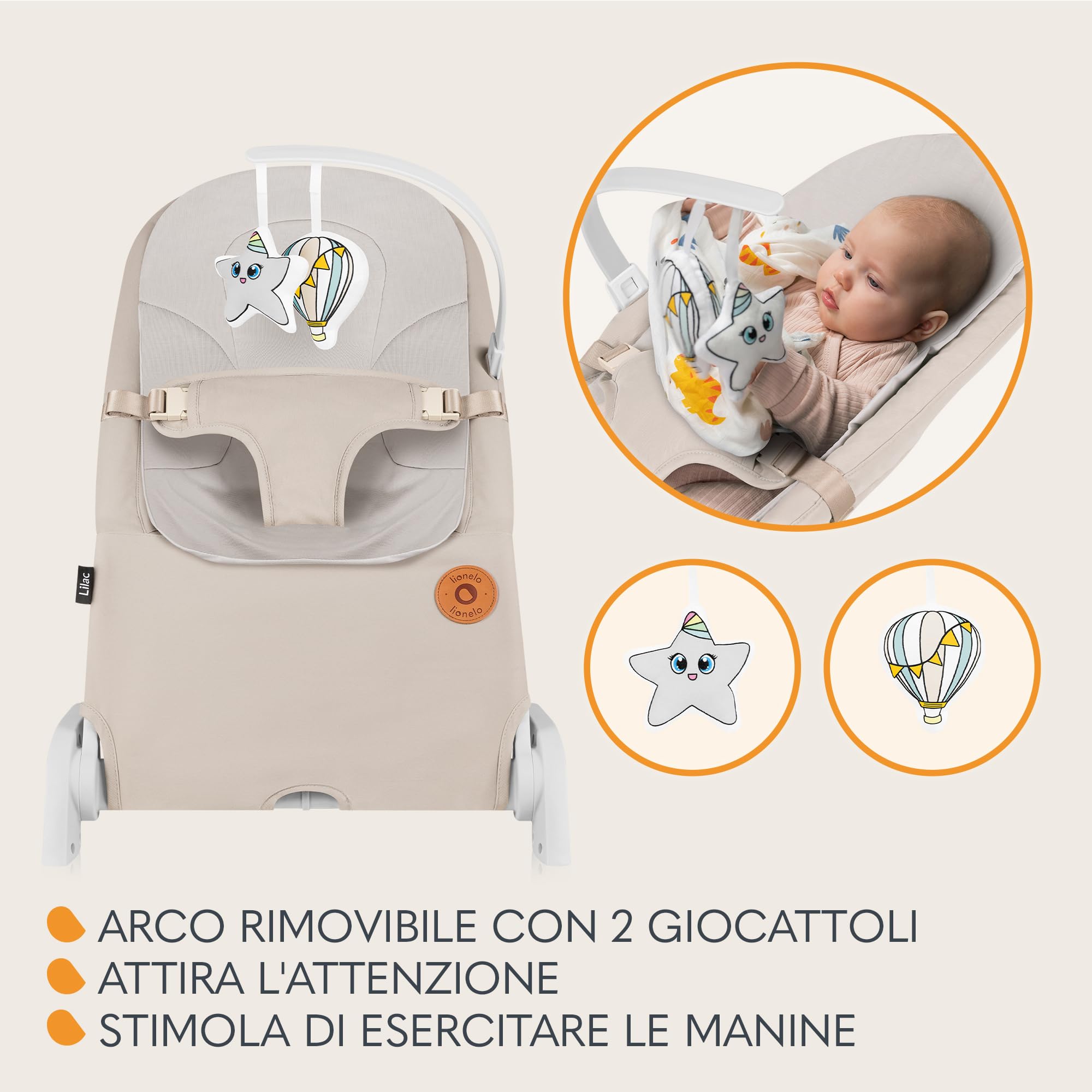 LIONELO Lilac Sdraietta Dondolo 2 in 1 Pieghevole per Neonati fino a 9 kg | Da 0 a 6 Mesi, Inclinazione Regolabile, Cinture a 3 Punti, 2 Giochi, Chiusura a Libro, Leggera 3,2 kg