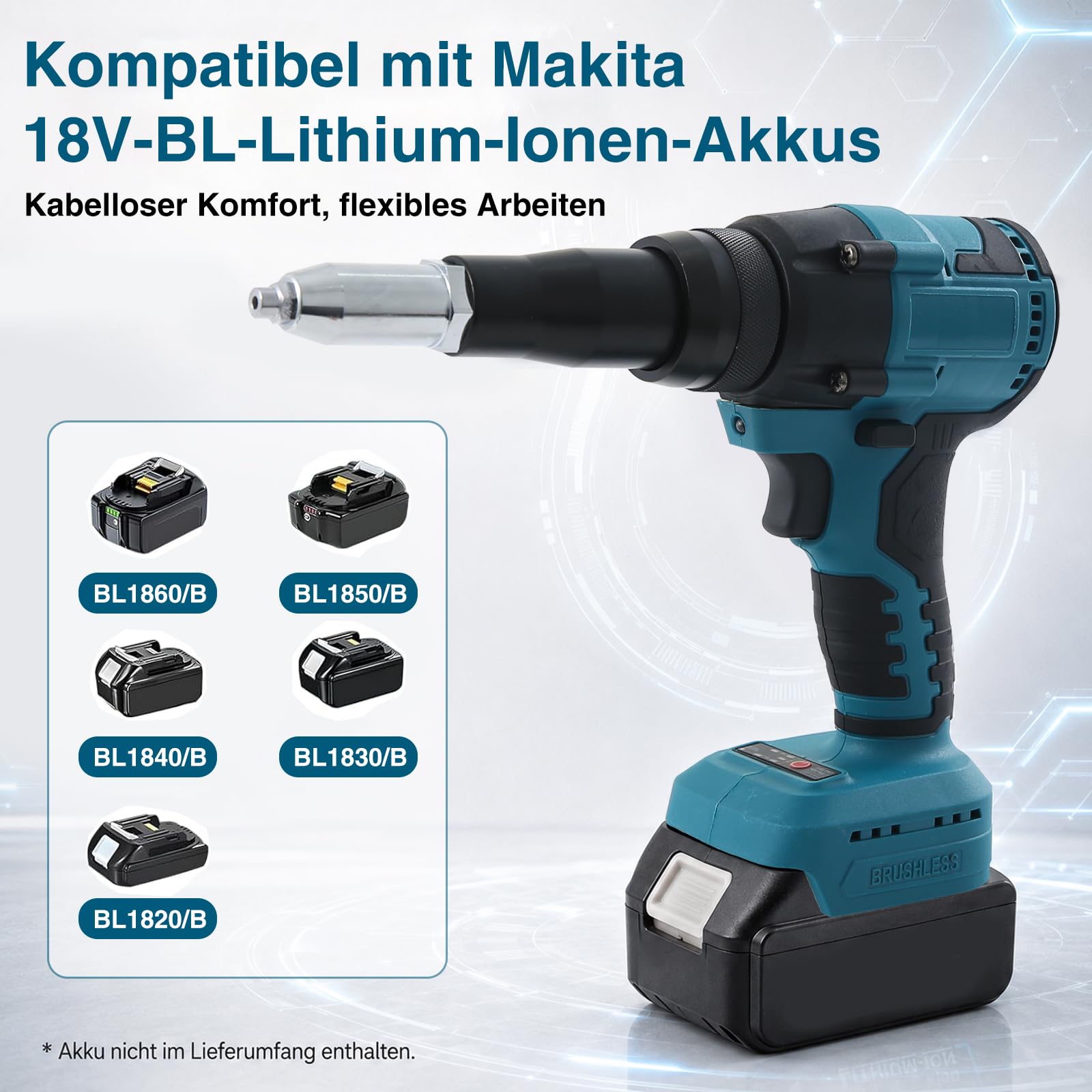 Akku Nietzange für Makita 21V Akku, 50000N Bürstenlose Blindnietzange, Automatischer Elektrische Popnietenzange, Mit 3.2/4.0/4.8mm Adaptern(ohne Batterien)
