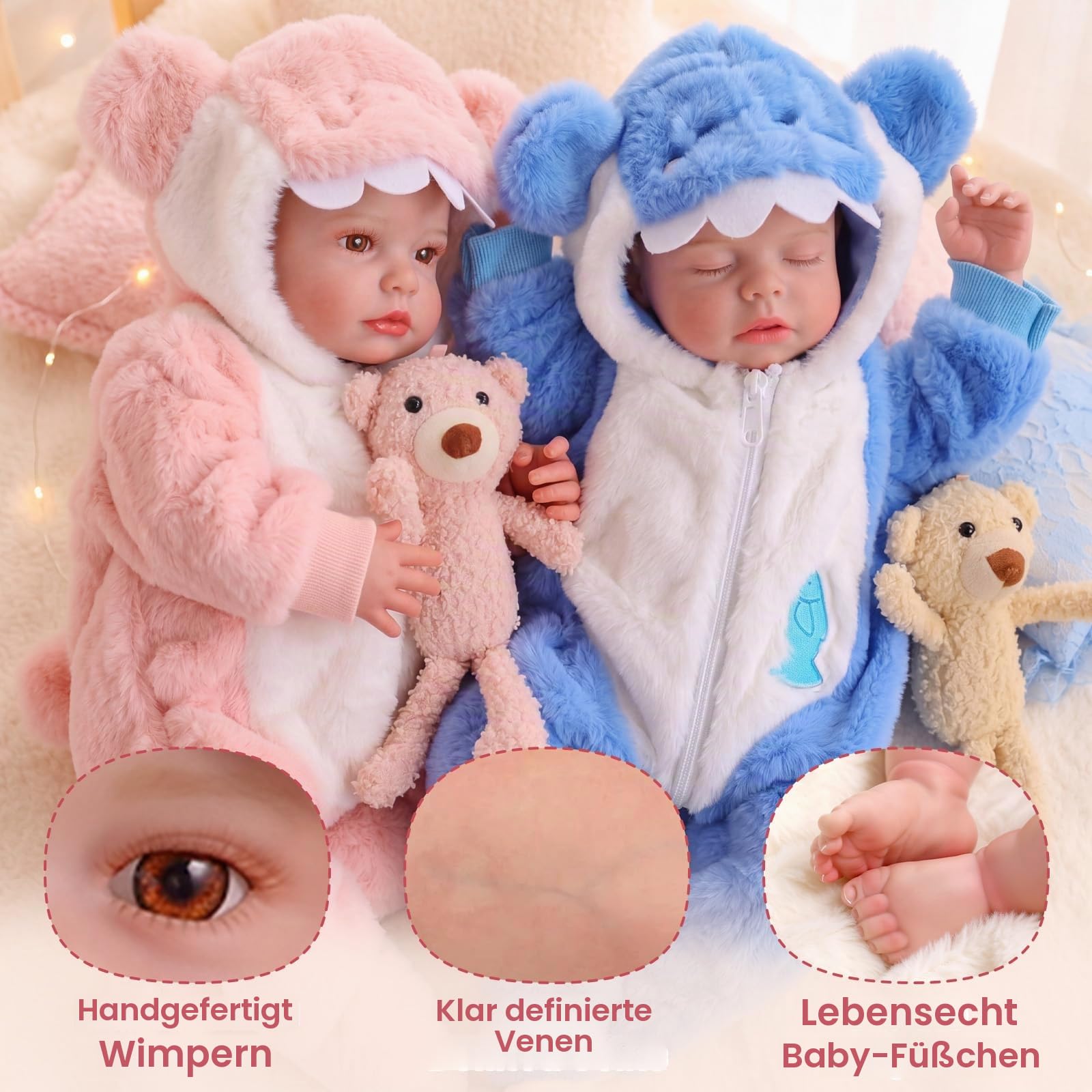 BABESIDE Puppe Reborn Baby Mädchen Zwillinge, 20 inch Vinyle Baby Doll Puppen with Stoffkörper, Baby Puppe ab 3+ Jahre mit Bausatz, Lebensechte Babypuppen wie Echt, Realistische Puppe Weichkörper