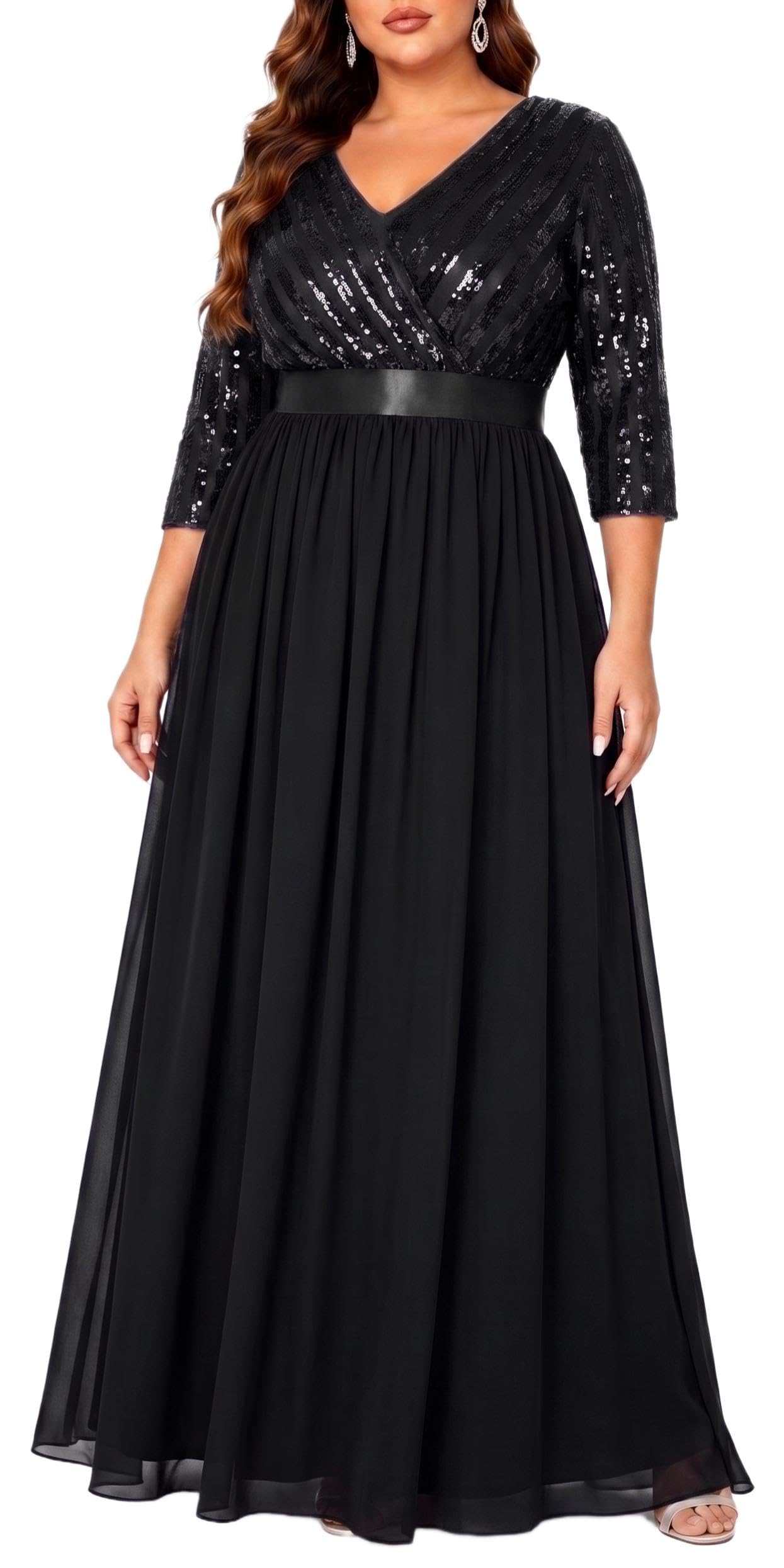 Plus Size Formal Dresses V Neck 3/4 Sleeve Sequin Prom Evening Maxi Dress