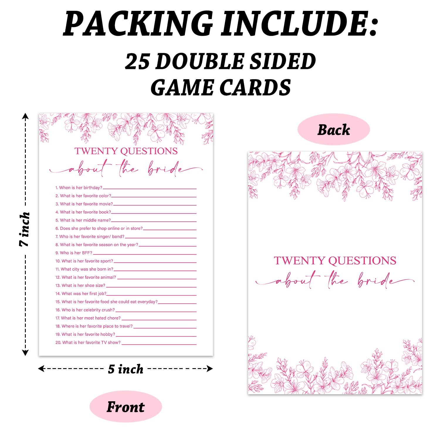 Tarjetas de juegos de despedida de soltera, veinte preguntas sobre la novia, actividad de juego de boda floral rosa para 25 invitados, suministros de fiesta de compromiso de despedida de