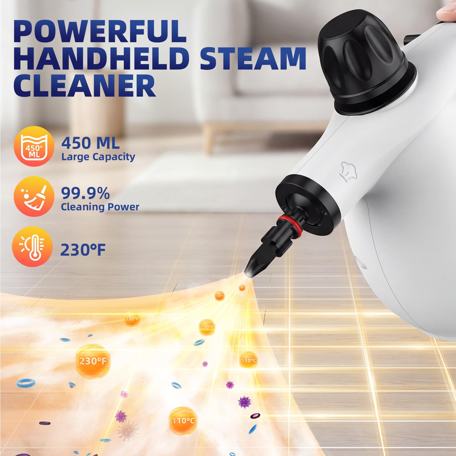 Dampfreiniger Handgerät 450ML Tank mit 12 Zubehöre leistungsstarker Dampfreiniger mit Sicherheitssperre, geeignet für Auto, Polster, Böden, Küche, Fenster und viele weitere Einsatzbereiche