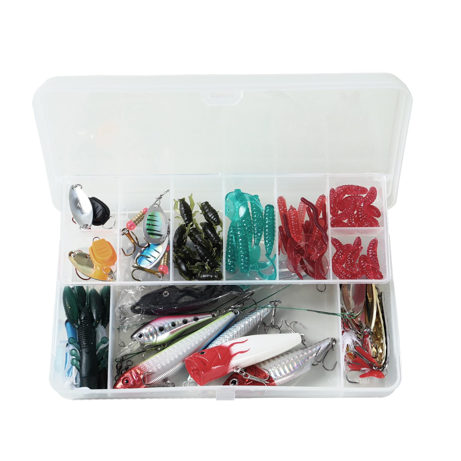 120 PCS Fishing Lures Set Mixed with Tackle Box, Including Spinners,Treble Hooks,Single Hooks,Swivels,Pliers,Soft Lures, Fishing Bait, Plastic Worms, Fishing Accessories