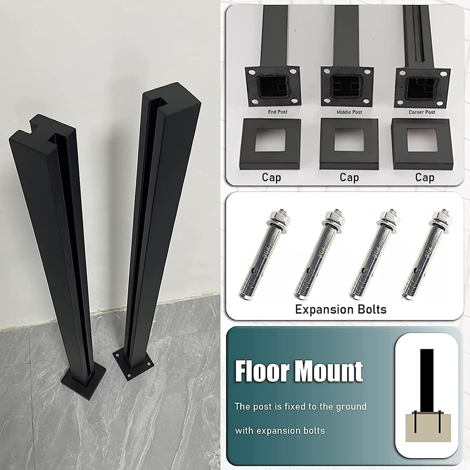 Glass Railing Post, End Post / 4 PCS Glass Railing Spigot with Slots & Base, Heavy Duty Glass Clamp Bracket for Deck Balusters, Balcony, Patio, Stairs, Black, 35.4in, 90cm End Post