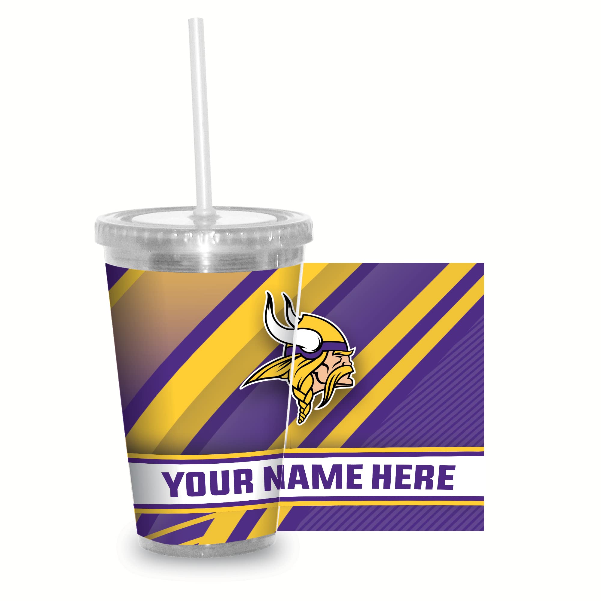 Rico Industries NFL Football Minnesota Vikings 16oz Personalized Tumbler W/Straw - Team Colored Travel Tumbler - Keeps Drinks Cold or Hot- Reusable Straw Included