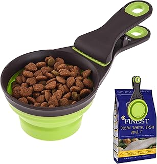 Cuchara plegable de comida para perros con clip de bolsa y taza medidora, cuchara de comida para mascotas para gatos, perr...