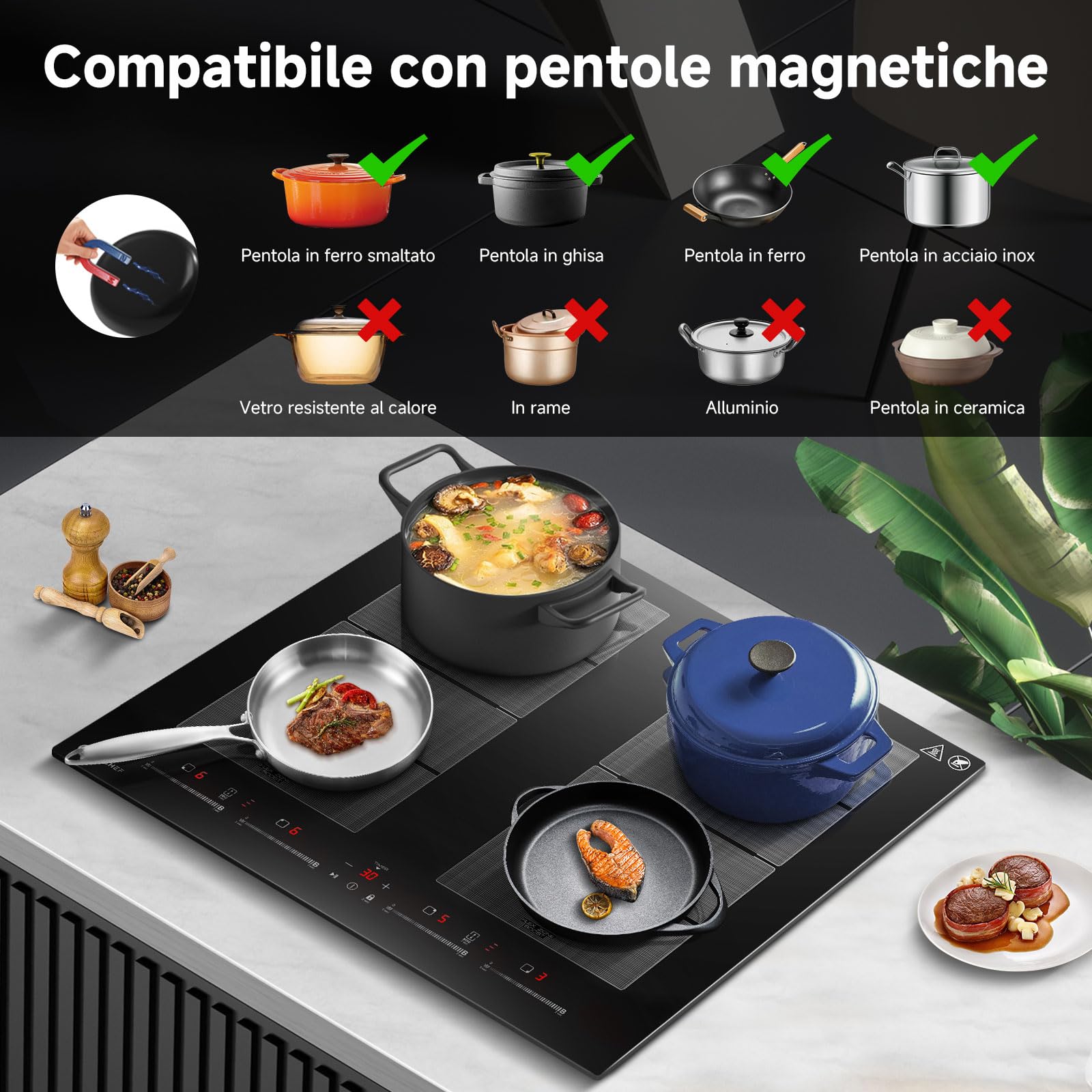 AMZCHEF Piano cottura a induzione 4 fuochi con 2 zone flessibili, con funzionamento silenzioso, 9 livelli di potenza e funzione booster - funzione BBQ, pausa e mantenimento in caldo, 60cm, 7400W