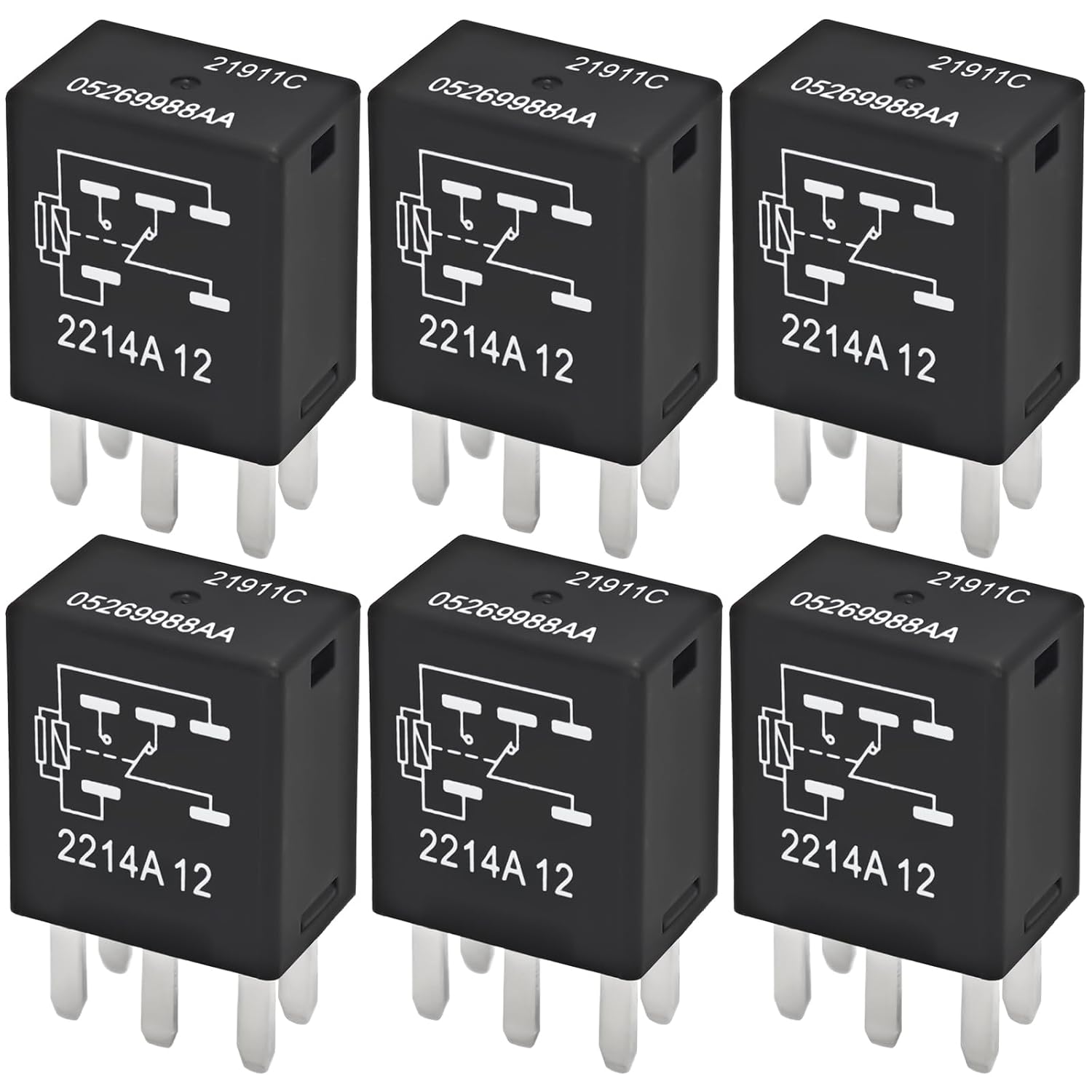 Relay 05269988AA 21911C (Pack of 6), 5 Pins 12V 10A Automotive Multipurpose Relay Compatible for Chrysler, Dodge, Jeep, and Plymouth Vehicles
