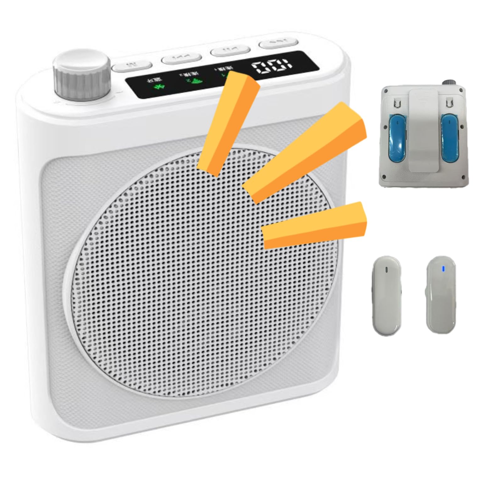 Voice Amplifier with 2pcs Wireless Lapel Microphone for Teachers,Long Battery Portable Speaker/USB Player/Bluetooth Speaker 3-in-1 System for Teaching,Guides,Speech,Meeting,Yoga,Coach (White)