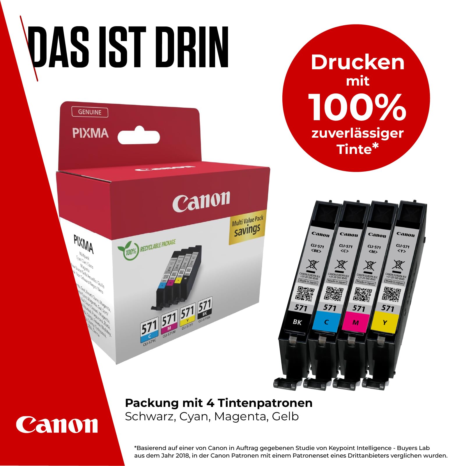 Canon CLI-571 C M Y BK Vorteilspack 4 Tintenpatronen (Schwarz, Cyan, Magenta, Gelb) Original [Recycle-Kartonverpackung 2024 mit Diebstahl Sicherungsetikett]