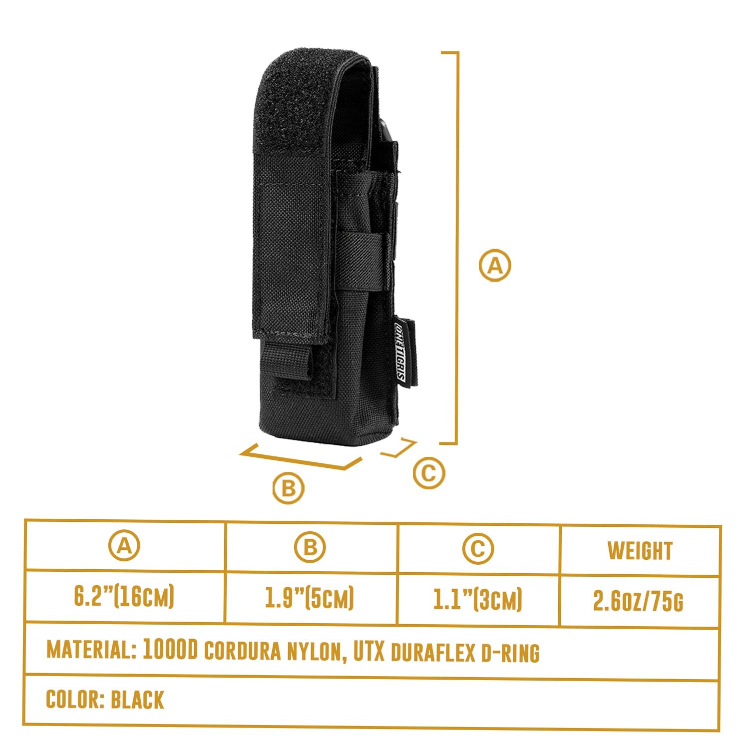 OneTigris Lampenhalter 1000D Nylon Gürteltasche für Taschenlampen bis 180 mm Länge
