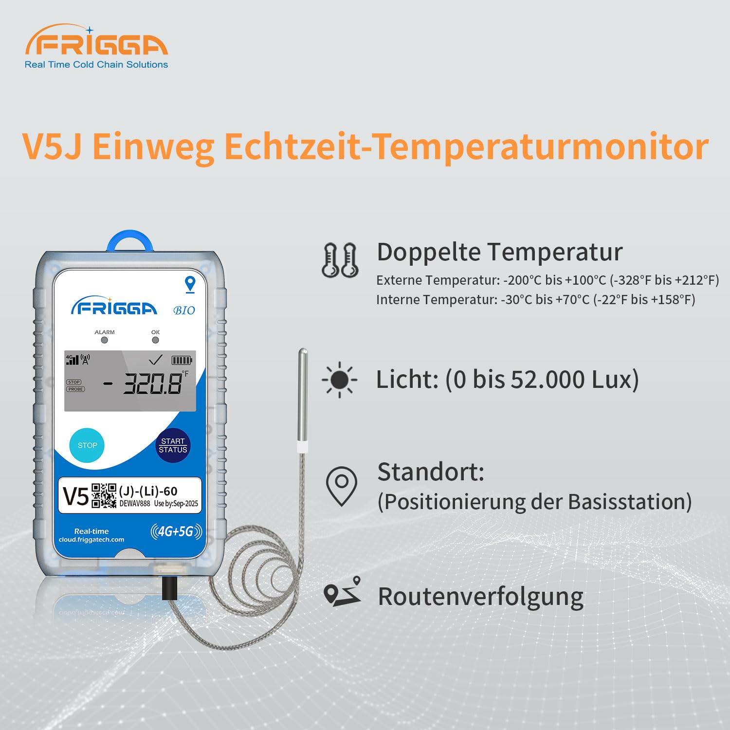 Frigga V5J 4G/5G Echtzeit-Temperatur-Datenlogger mit extra niedrigem externem Fühler Einmalig 28800 Punkte Digitaler Temperatur-Fernschreiber 60 Tage für Trockeneis Flüssigstickstoff-Transport