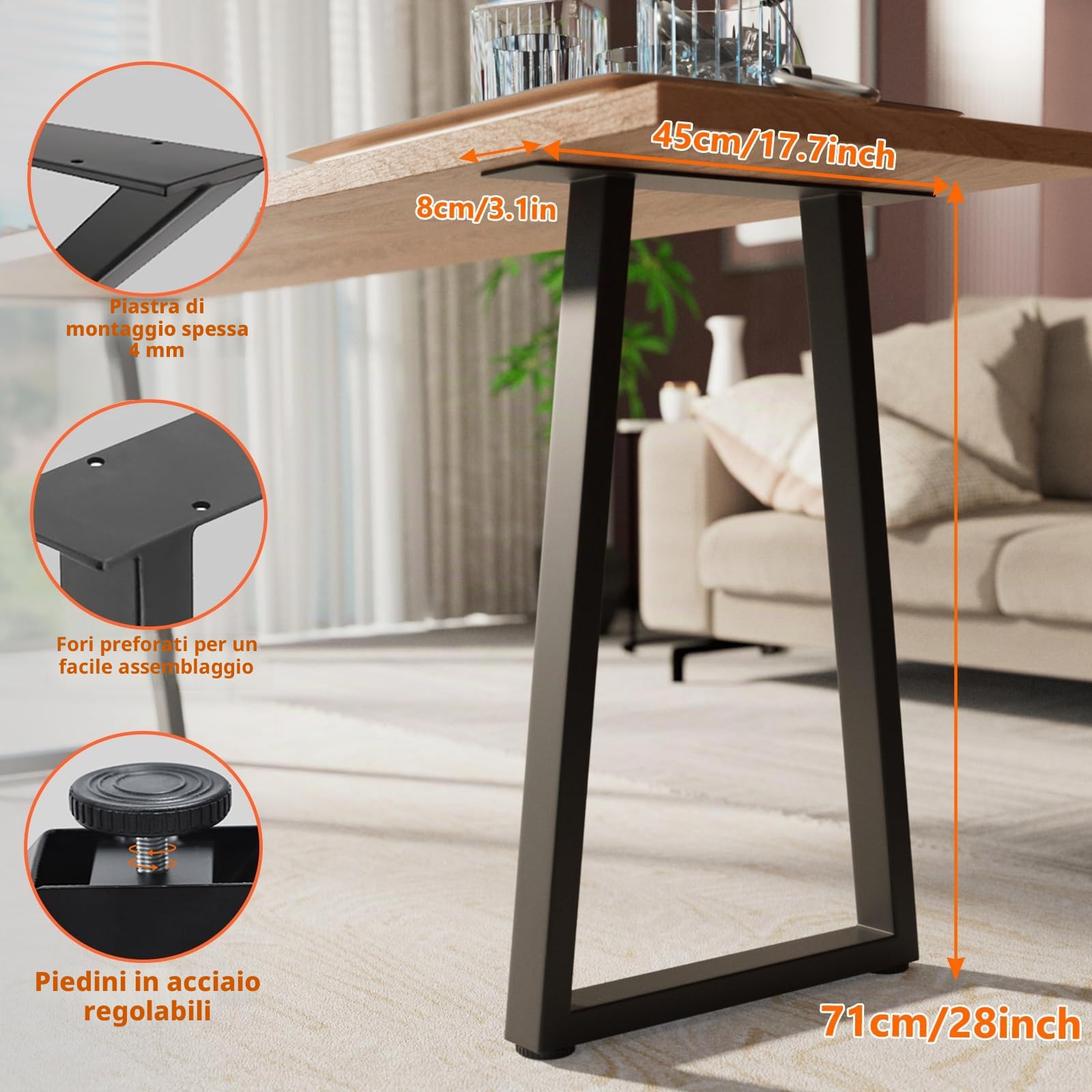 Homtone Set di 2 gambe da tavolo in metallo resistente, stile industriale rustico, fai da te, gambe per tavolo da caffè, scrivania fai da te, panca da bar per la colazione, altezza 71 x larghezza 45