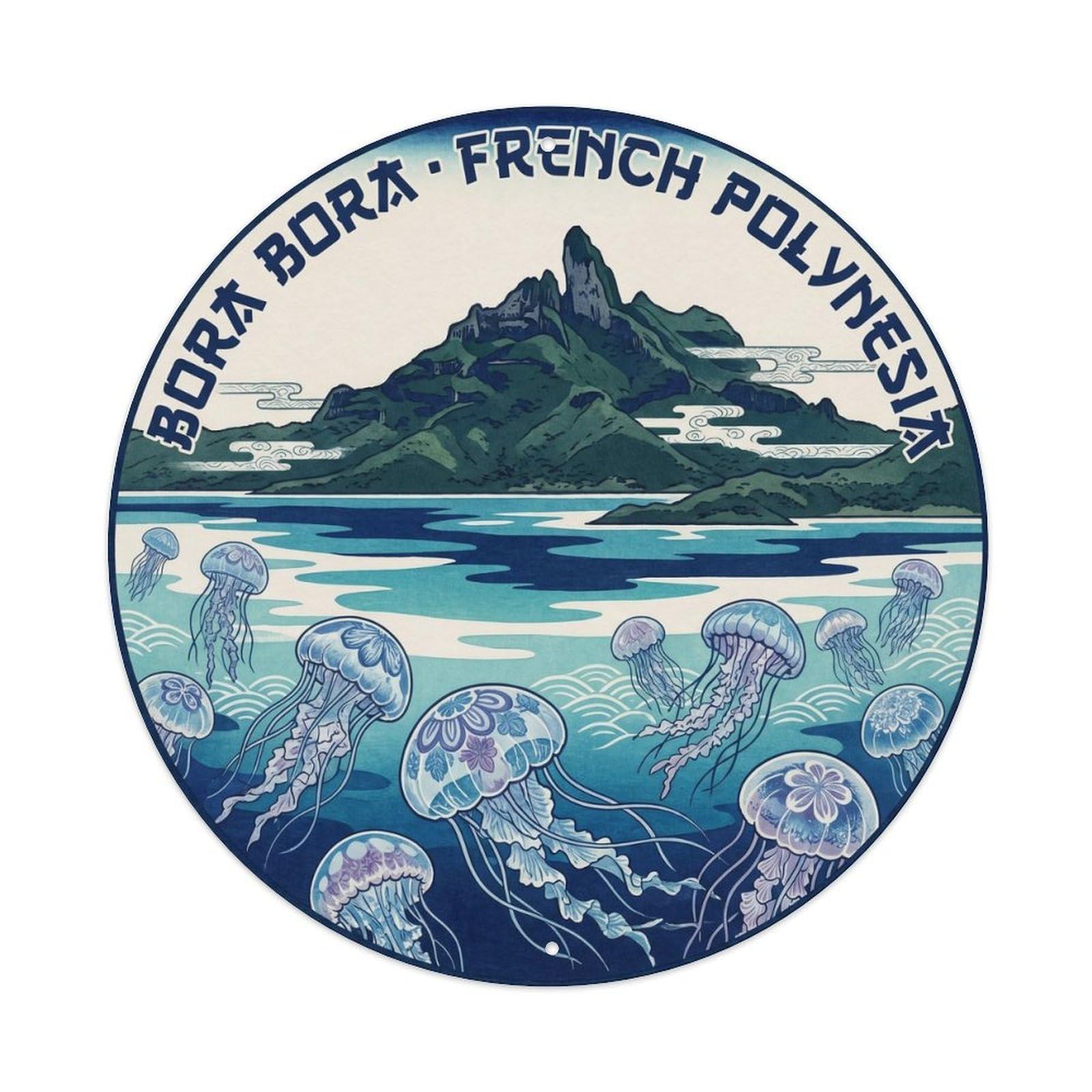 Olhnbad Style Jellyfish Borabora Otemanu Lagoon Woodblock Metal Tin Sign