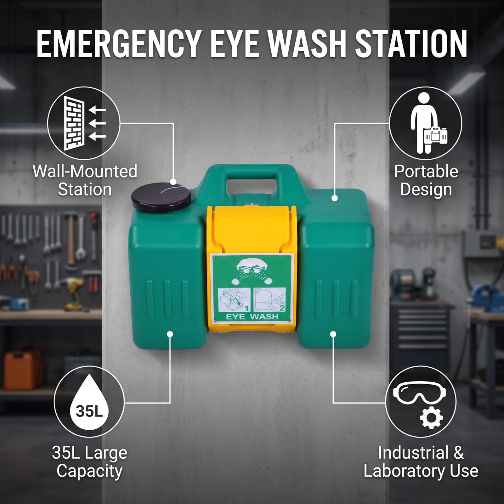 Luocute Estación Lavaojos Montada en la Pared, 9 Galones, 35 Litros | Estación de lavado de ojos de emergencia portátil alimentada por gravedad para laboratorio industrial, con una duración de