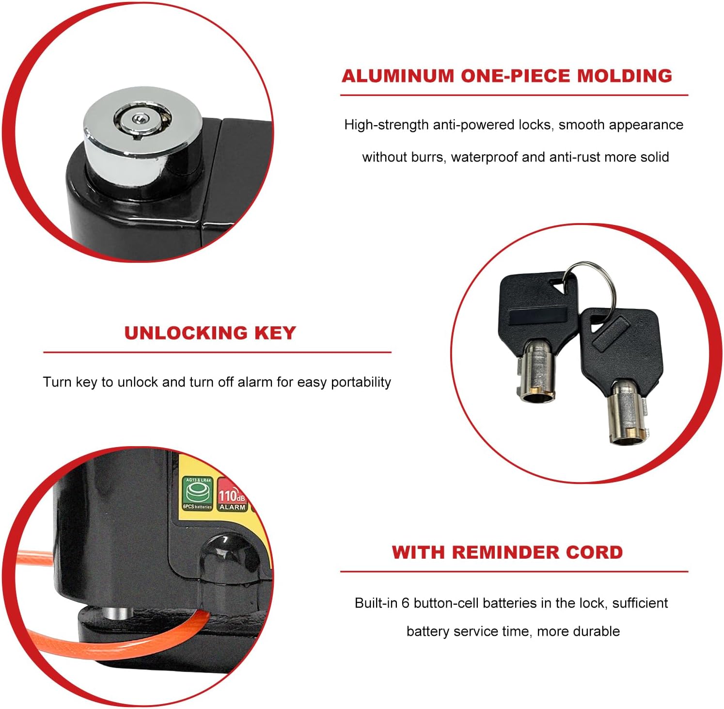 Alarm Disc Lock, Waterproof 110dB Alarm Sound Disc Brake Lock with 5ft Reminder Cable & Carry Pouch, Anti-Theft Battery Powered Security Padlock for Motorcycle Bike Scooter (Black)