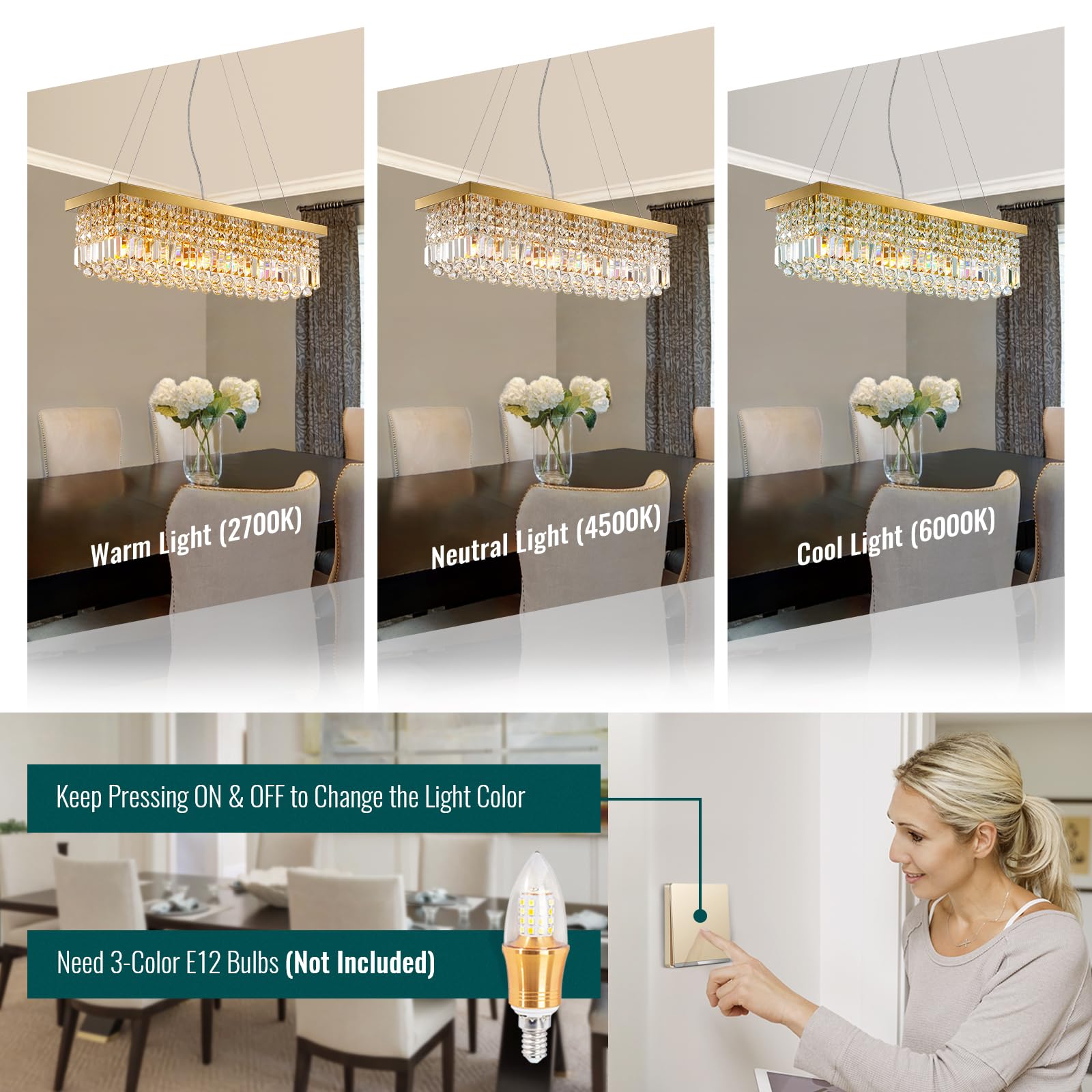 SILJOY 6-Light Modern Crystal Chandelier Gold Rectangle Crystal