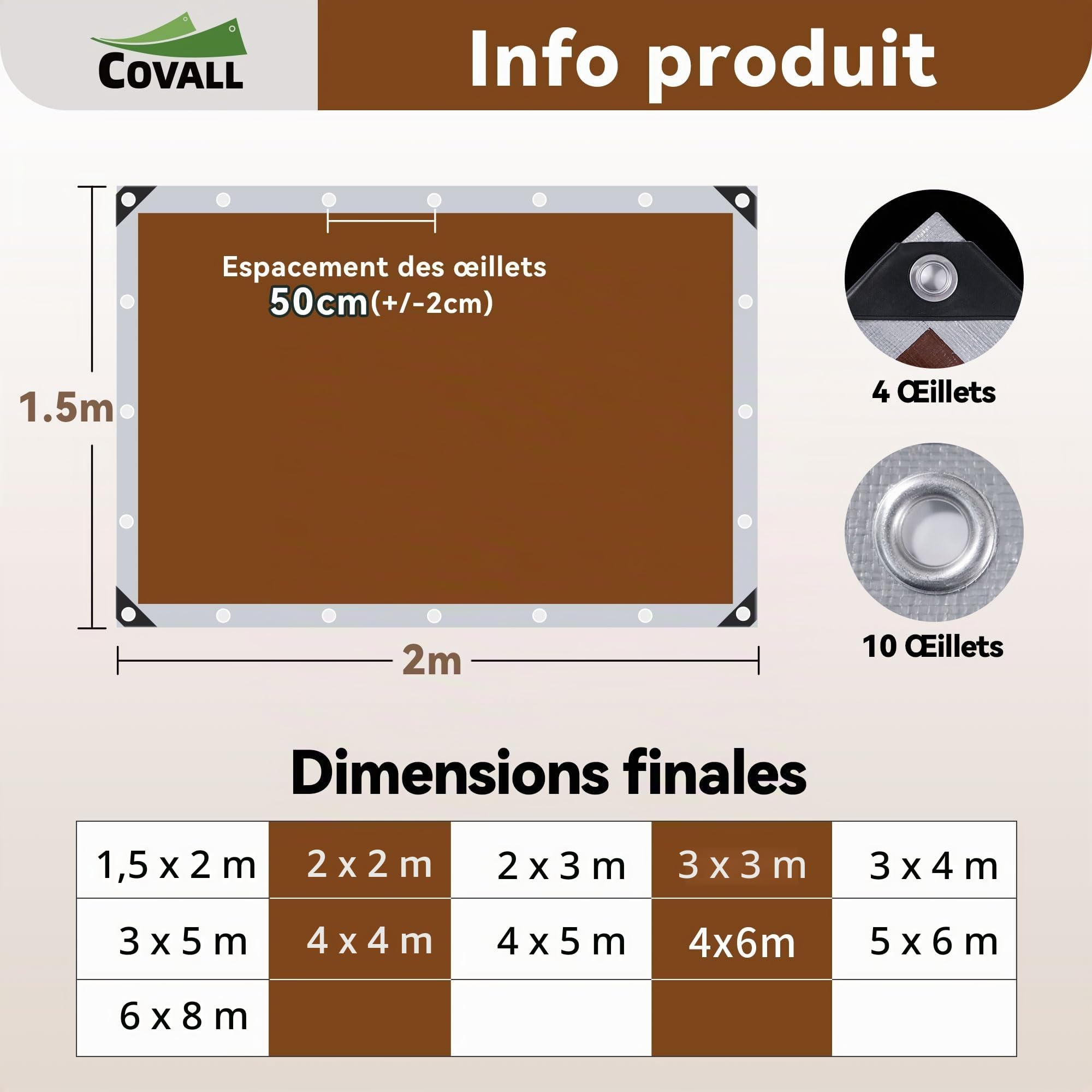 Bâche 1,5x2m 155g/m² Imperméable en Polyéthylène, Anti-UV | Polyéthylène haute densité, œillets soudés renforcés, anti-UV, résistante aux intempéries, jardin, camping (Argent/Marron)