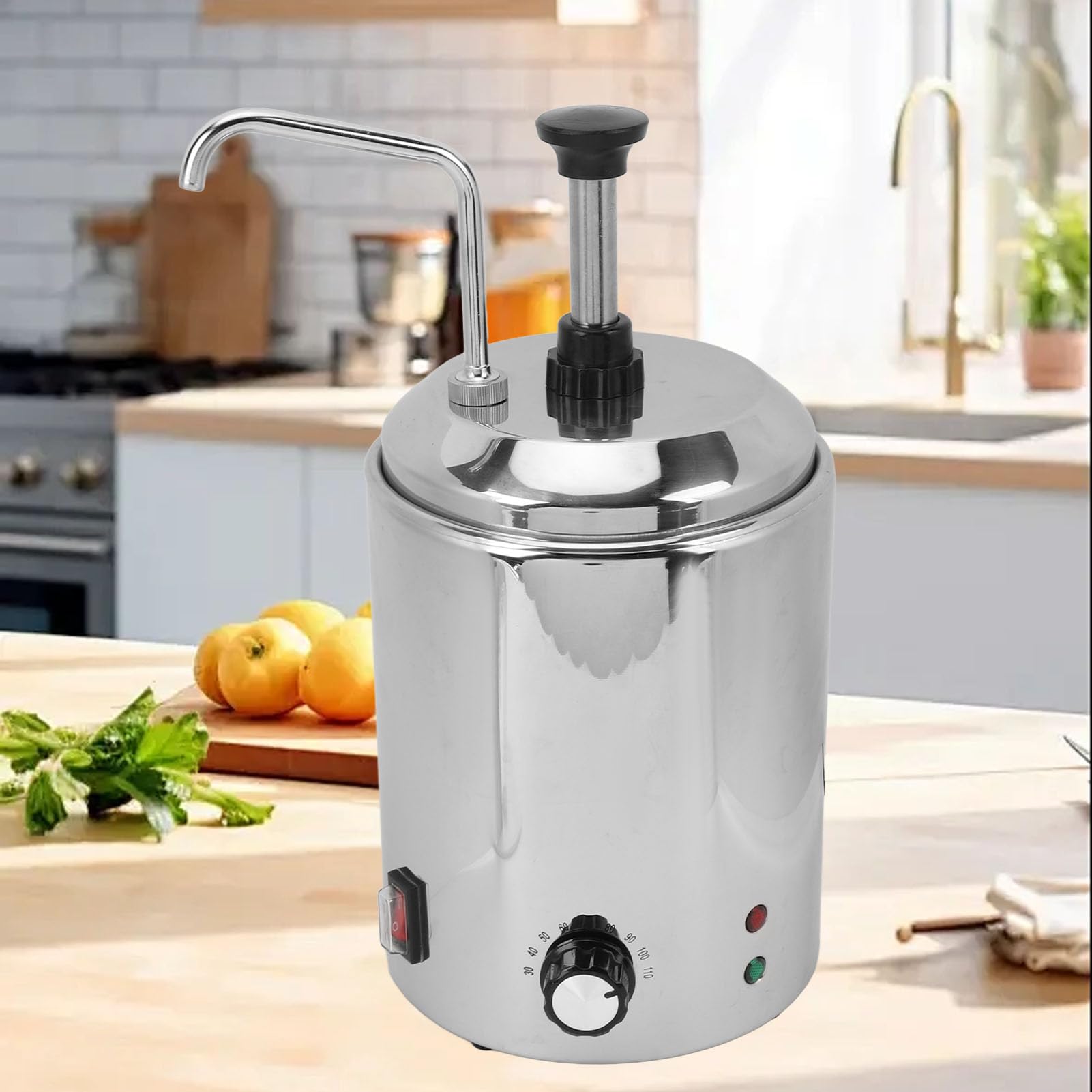 Pongnas Calentador Comercial de Queso para Nachos con Bomba, Rotación de 360 ​​Grados, Dispensador de Sirope de Chocolate Caliente de Acero Inoxidable con Control de Temperatura d (Enchufe Europeo
