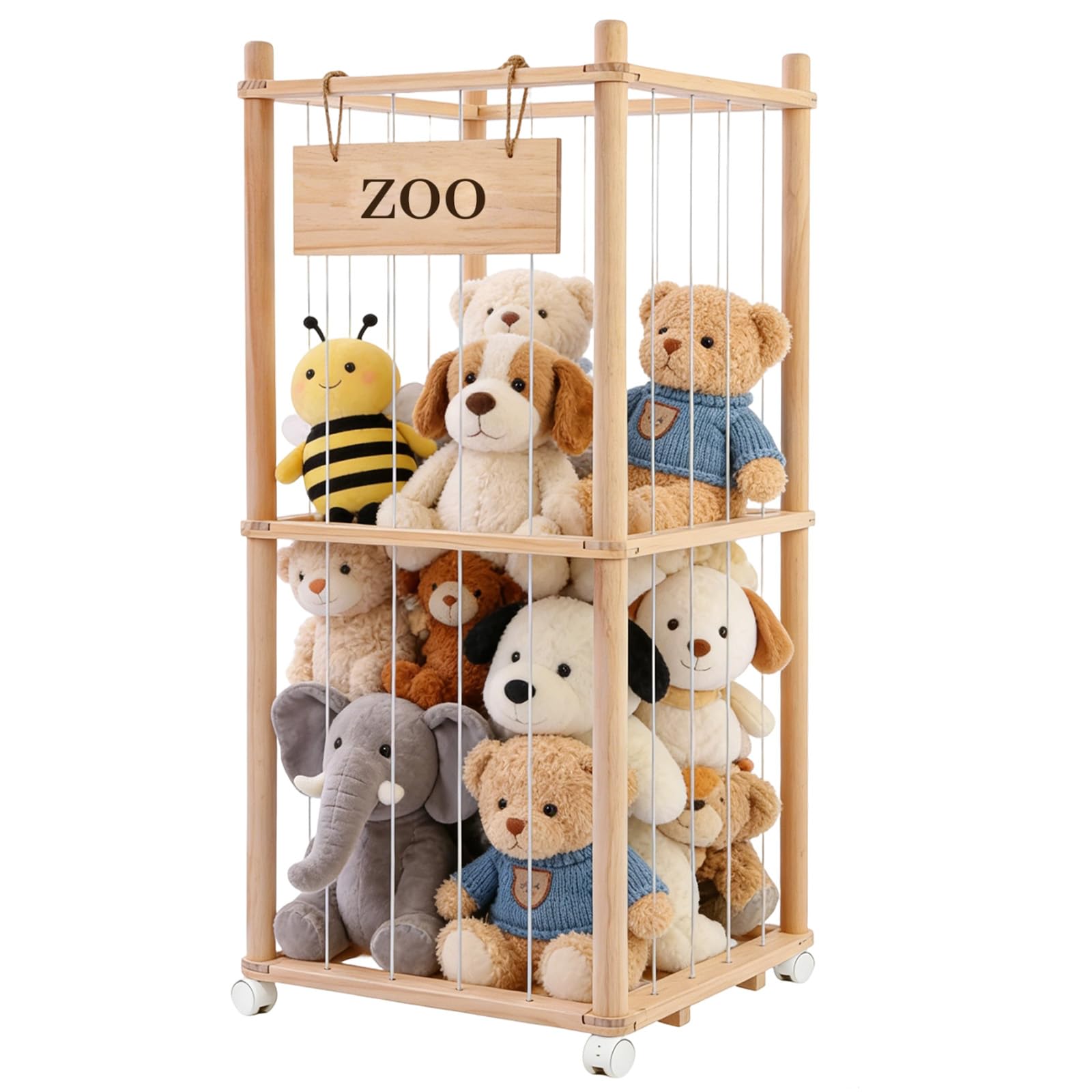 Stuffed Animal Storage Zoo with Wheels & 5-Row Elastic Cords, Teddy Storage, Wooden Stuffed Animal Organizer, Space Saving Plush Toy Holder for Playroom Nursery Bedroom Kids Room