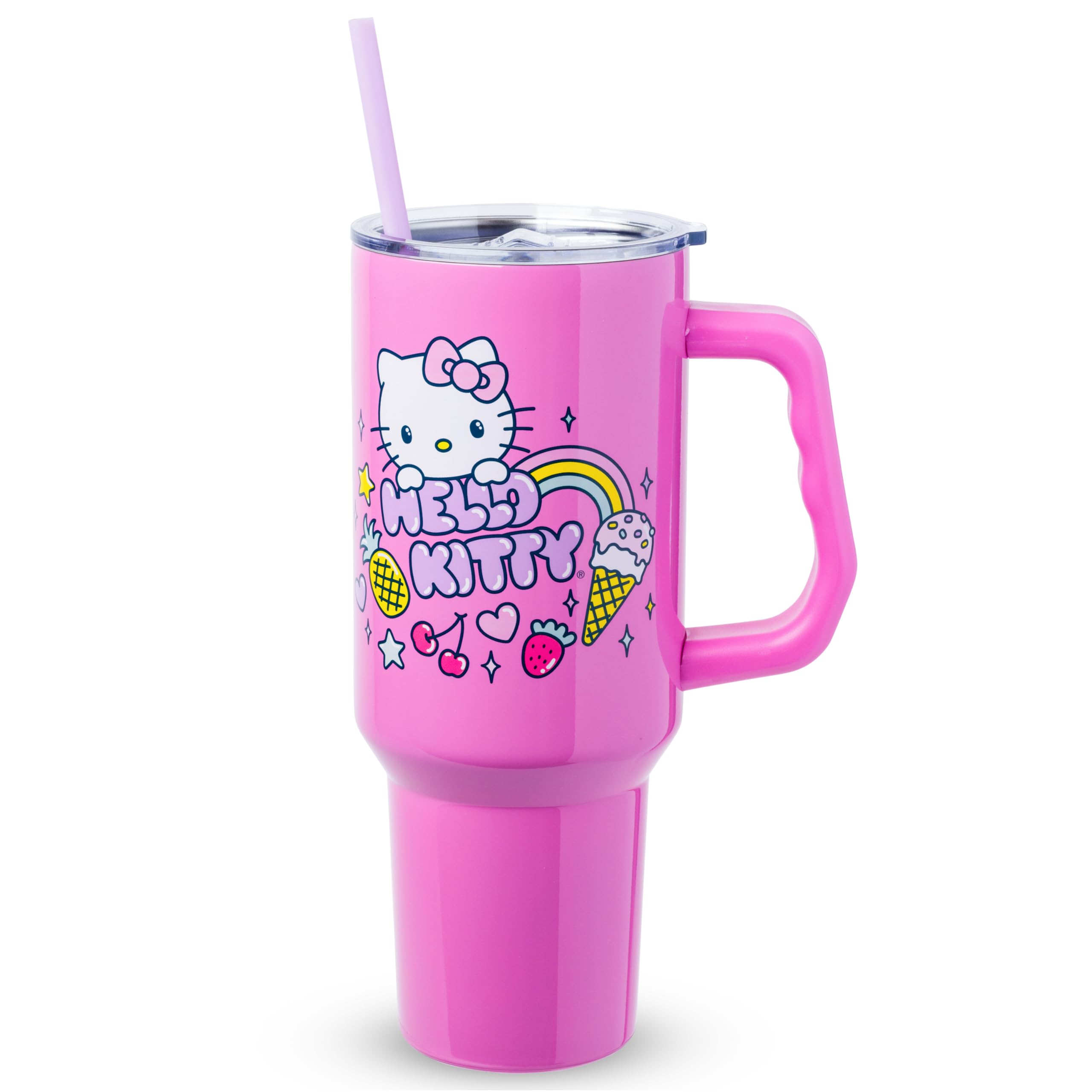 Silver Buffalo Sanrio Hello Kitty Kawaii Summer Vacation Stainless Steel Tumbler with Handle and Straw, Fits in Standard Cup Holder, 40 Ounces