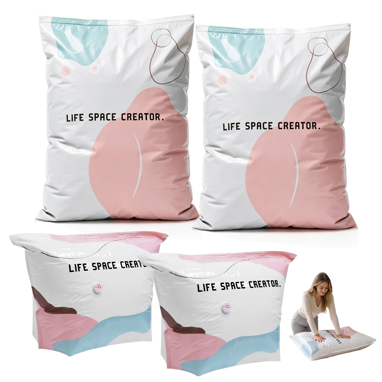 No Pump Vacuum Storage Bags: 2x M (70x50x30cm) & 2x L (100x80x30cm) – Space Saver Bags for Clothes, Duvets and Travel