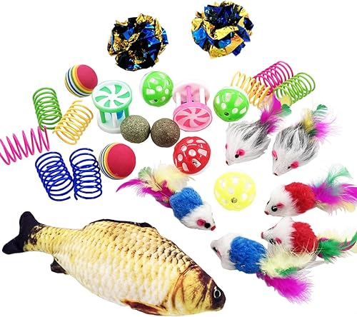 Juego combinado de juguetes para gatos, 27 paquetes, juguete de pez y bola de hierba gatera, bolas arrugadas, juguetes de primavera para gatos,
